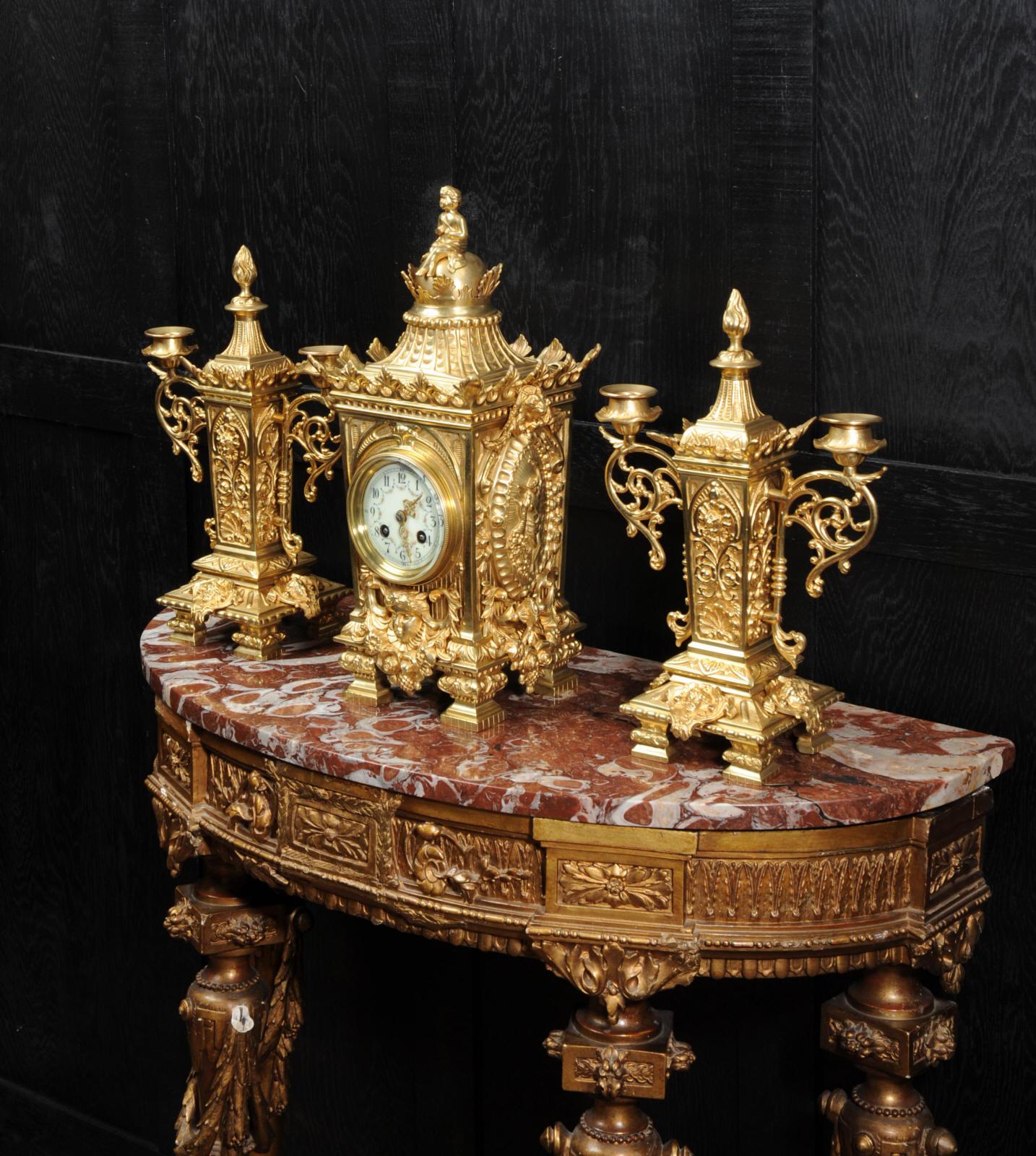 Japy Freres Louis XVI Antique French Gilt Bronze Clock Set For Sale 1