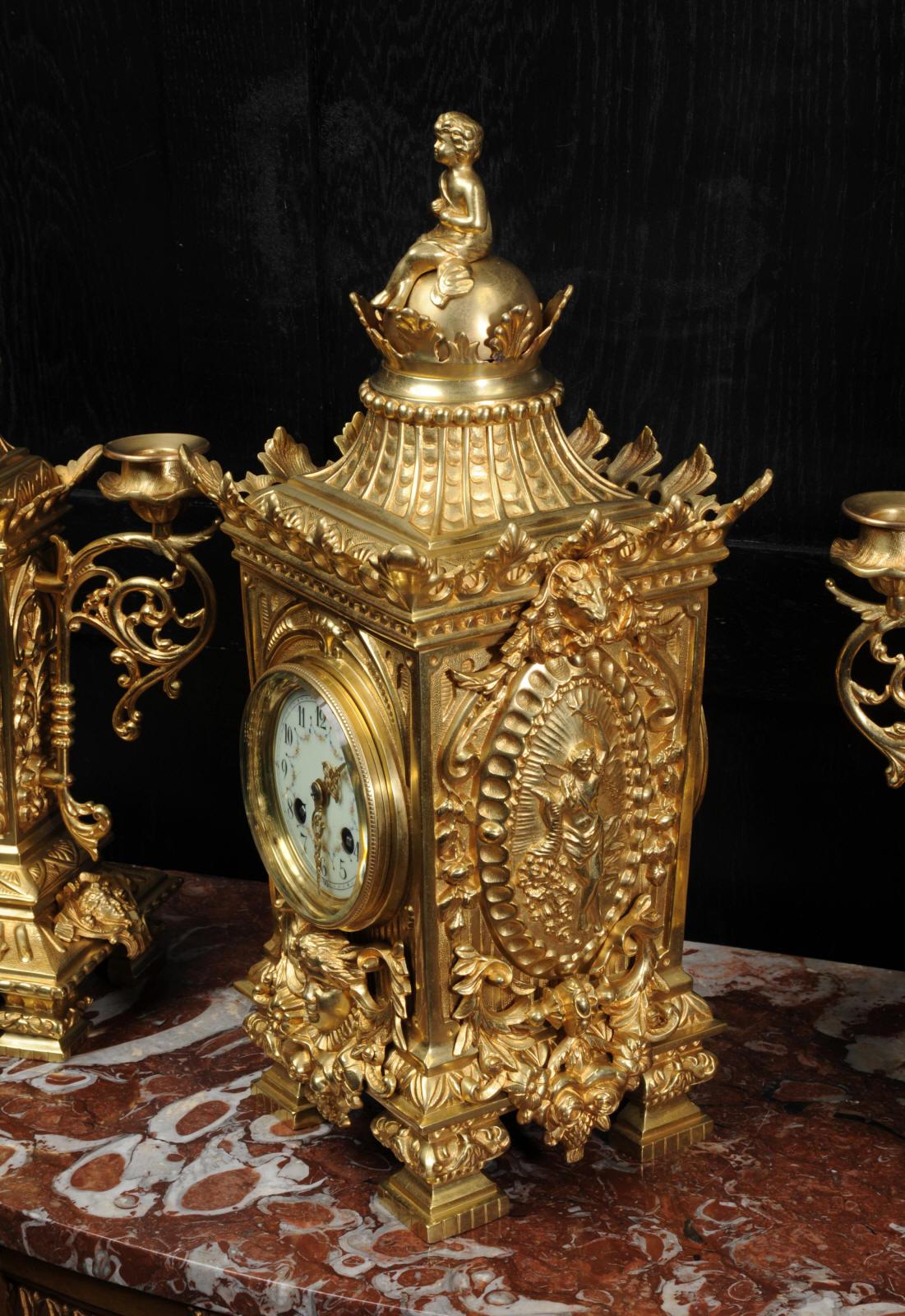 Japy Freres Louis XVI Antikes französisches Uhren-Set aus vergoldeter Bronze, Louis XVI im Zustand „Gut“ im Angebot in Belper, Derbyshire