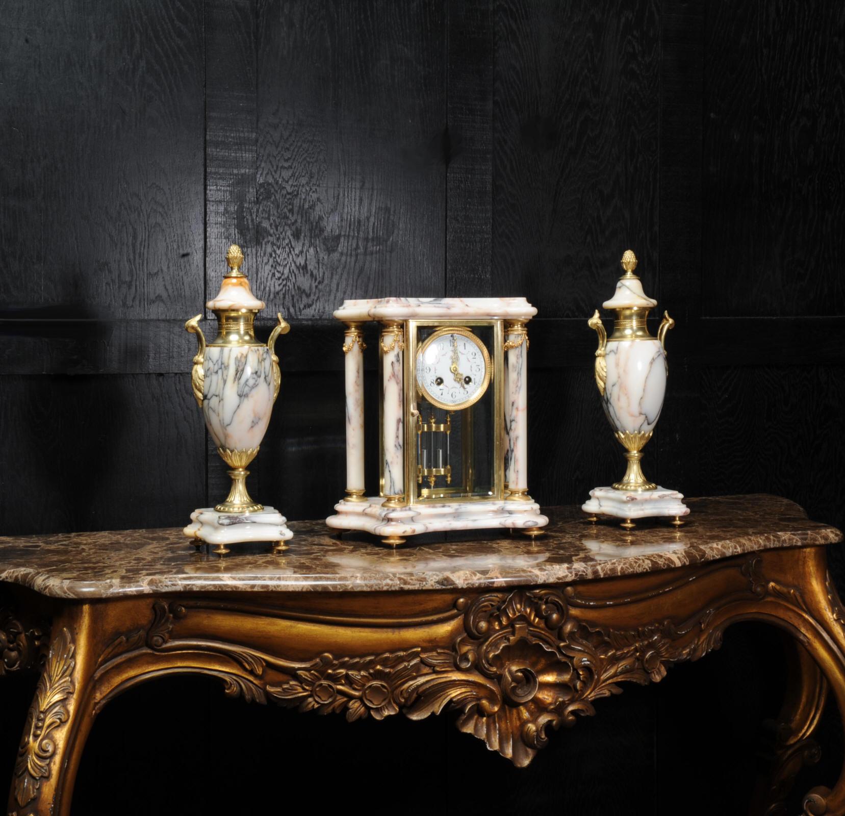 Neoclassical Japy Freres Ormolu and Marble Four Glass Crystal Antique French Clock Set