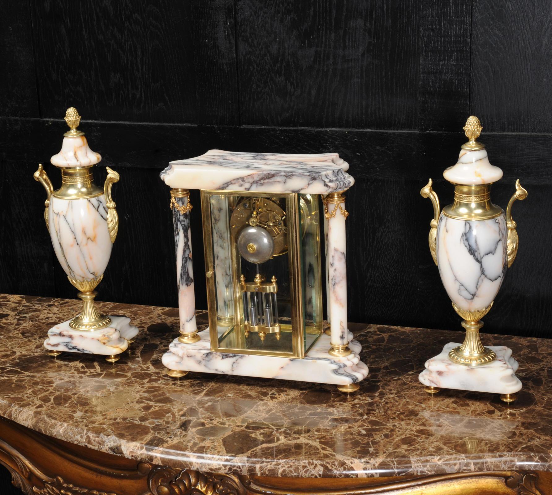 19th Century Japy Freres Ormolu and Marble Four Glass Crystal Antique French Clock Set