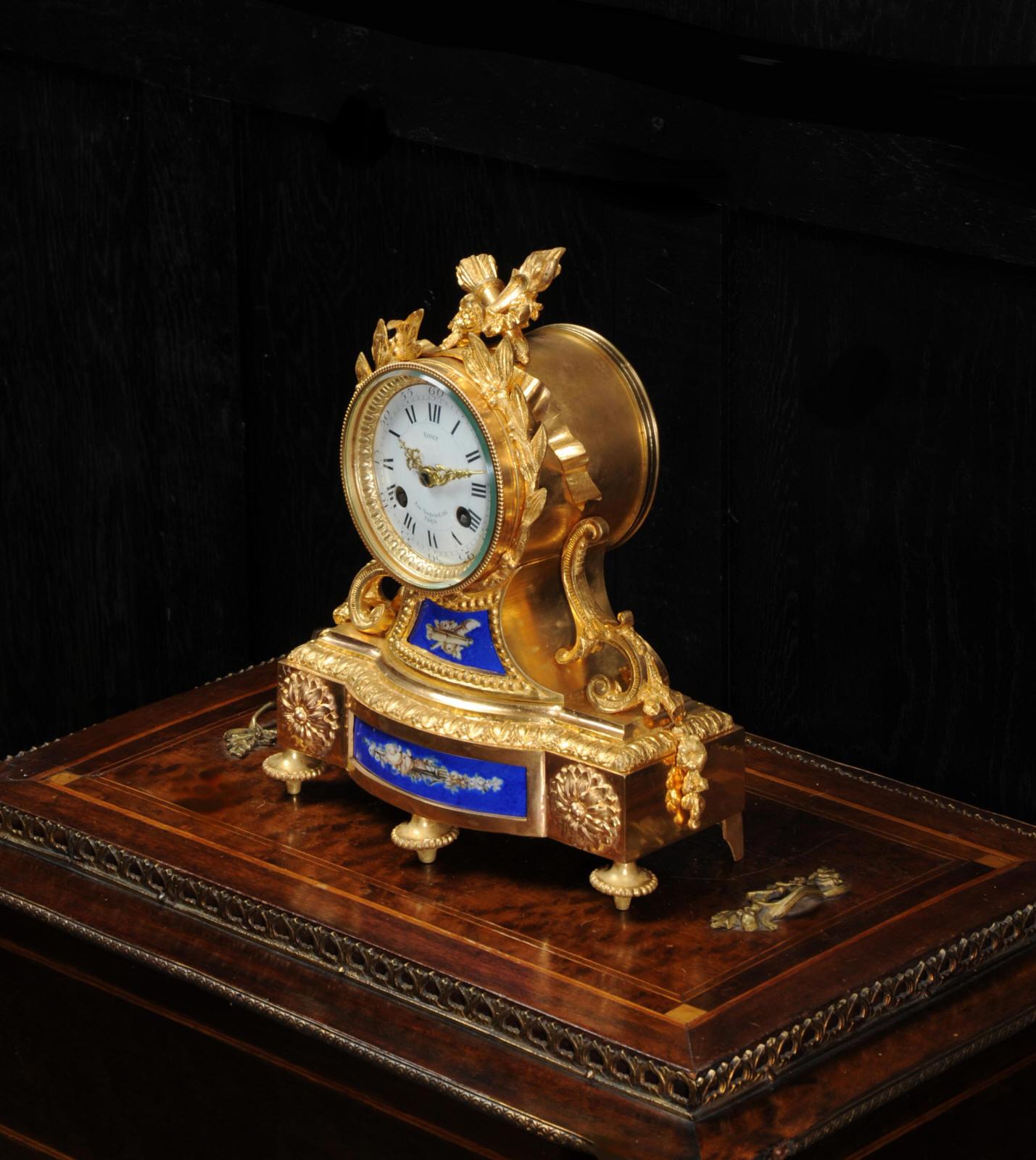 Gilt Japy Freres Ormolu and Porcelain Antique French Boudoir Clock