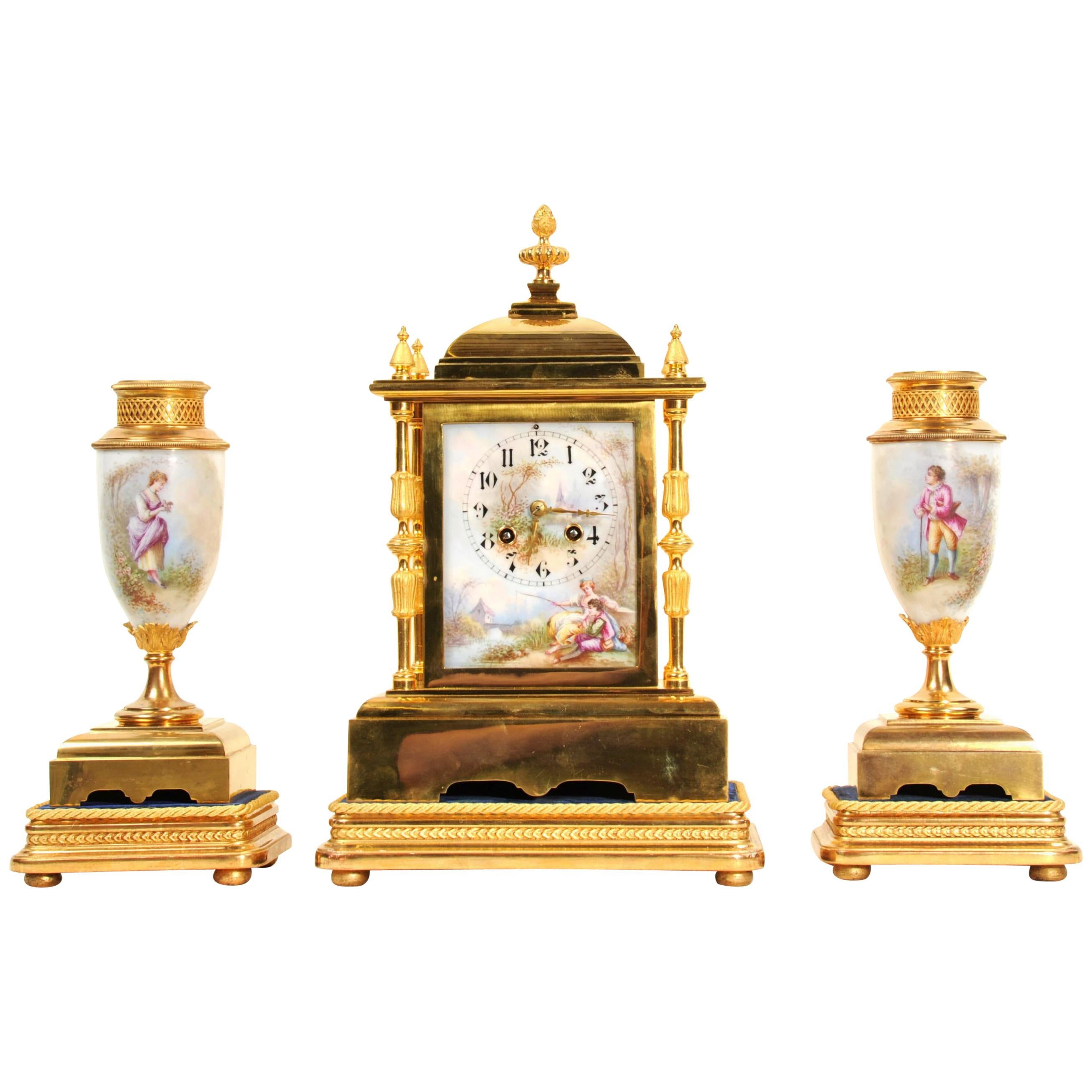 Japy Freres Ormolu and Porcelain Antique French Clock Set - Love