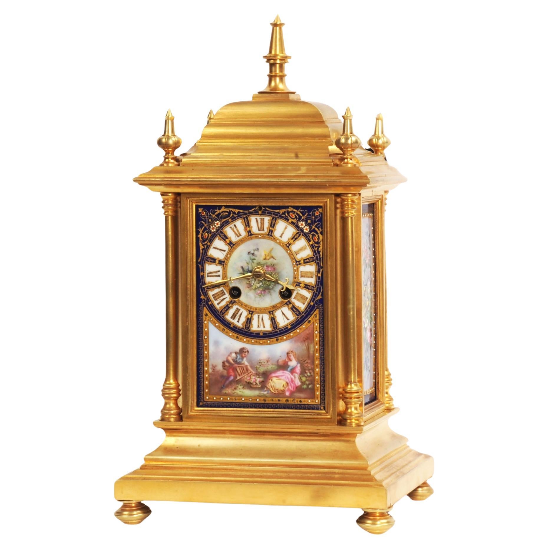 Pendule ancienne française en bronze doré et porcelaine de Sèvres de Japy Frères