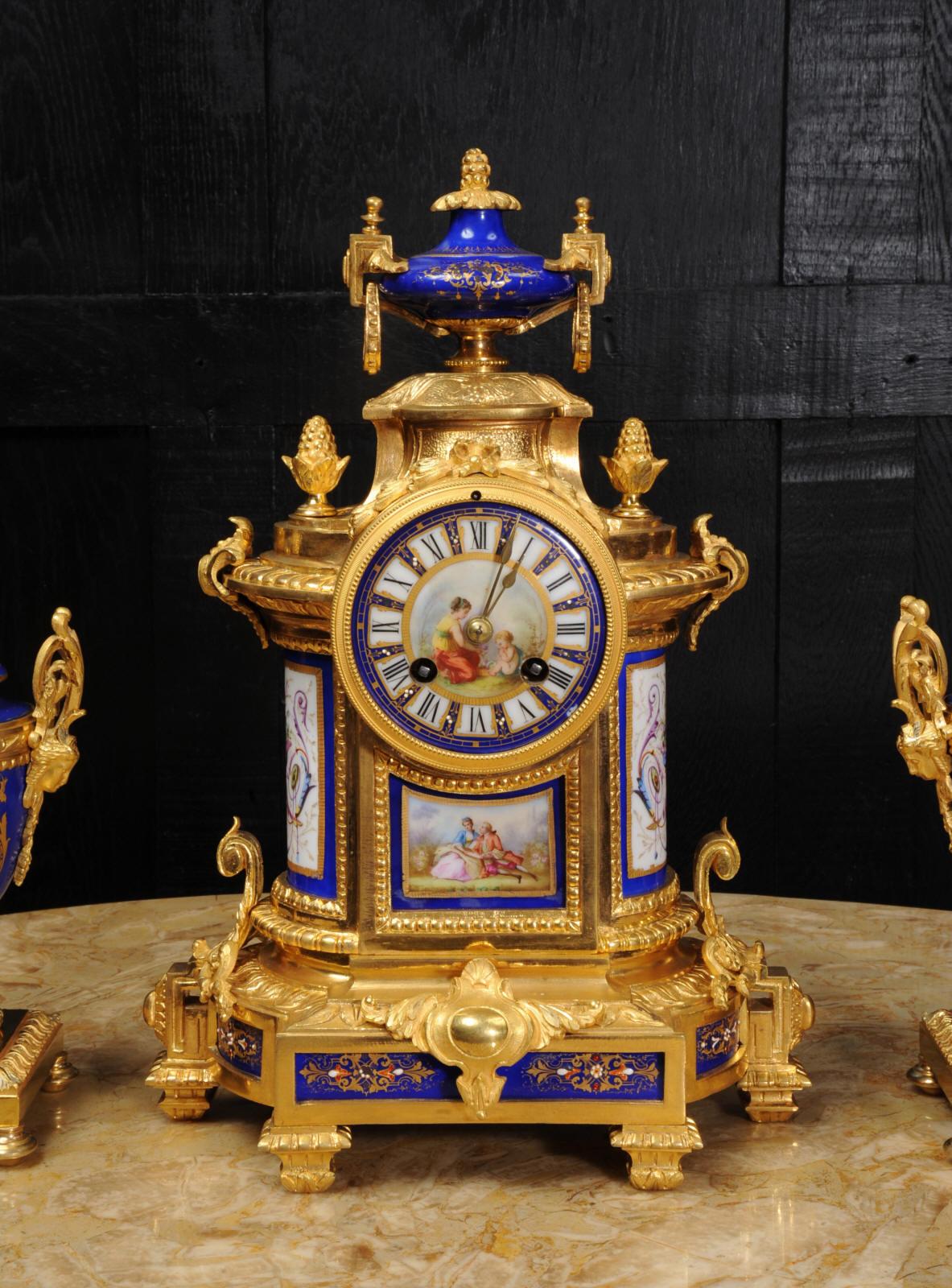 Japy Freres Ormolu and Sevres Style Porcelain Antique French Clock Set 6