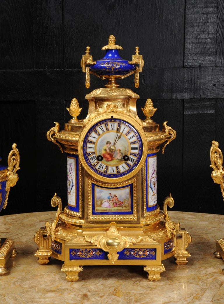 Japy Freres Ormolu and Sevres Style Porcelain Antique French Clock Set