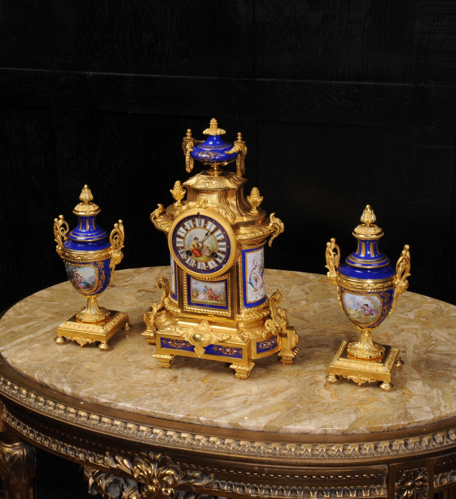 Neoclassical Revival Japy Freres Ormolu and Sevres Style Porcelain Antique French Clock Set