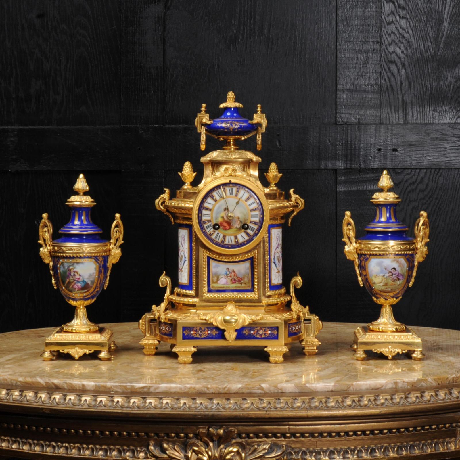 Japy Freres Ormolu and Sevres Style Porcelain Antique French Clock Set In Good Condition In Belper, Derbyshire