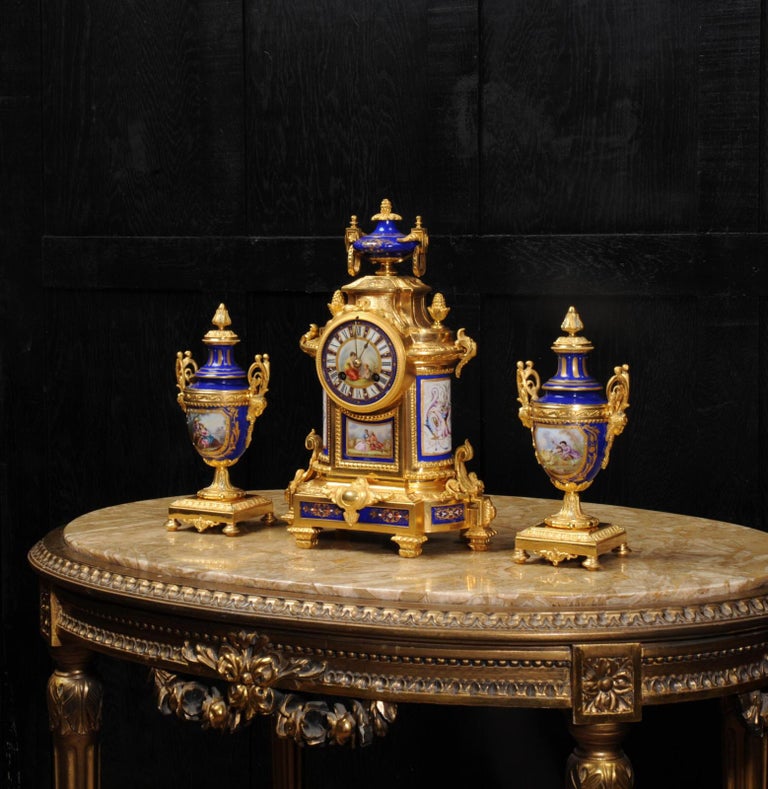 Japy Freres Ormolu and Sevres Style Porcelain Antique French Clock Set