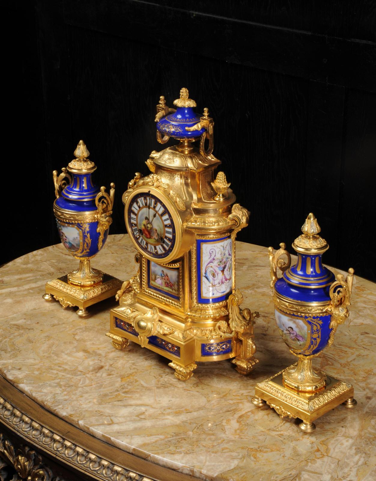Japy Freres Ormolu and Sevres Style Porcelain Antique French Clock Set 1