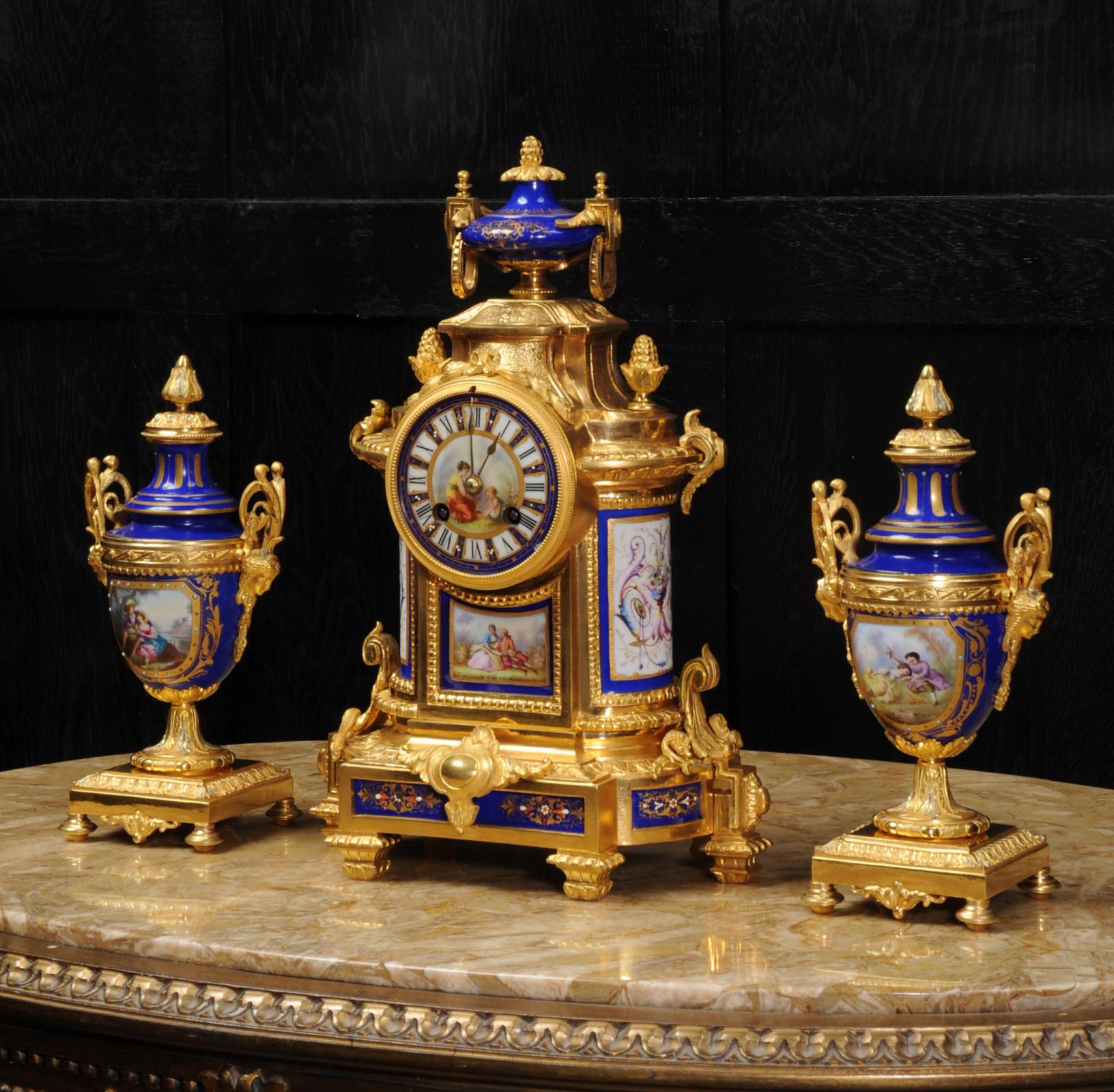 Japy Freres Ormolu and Sevres Style Porcelain Antique French Clock Set 2