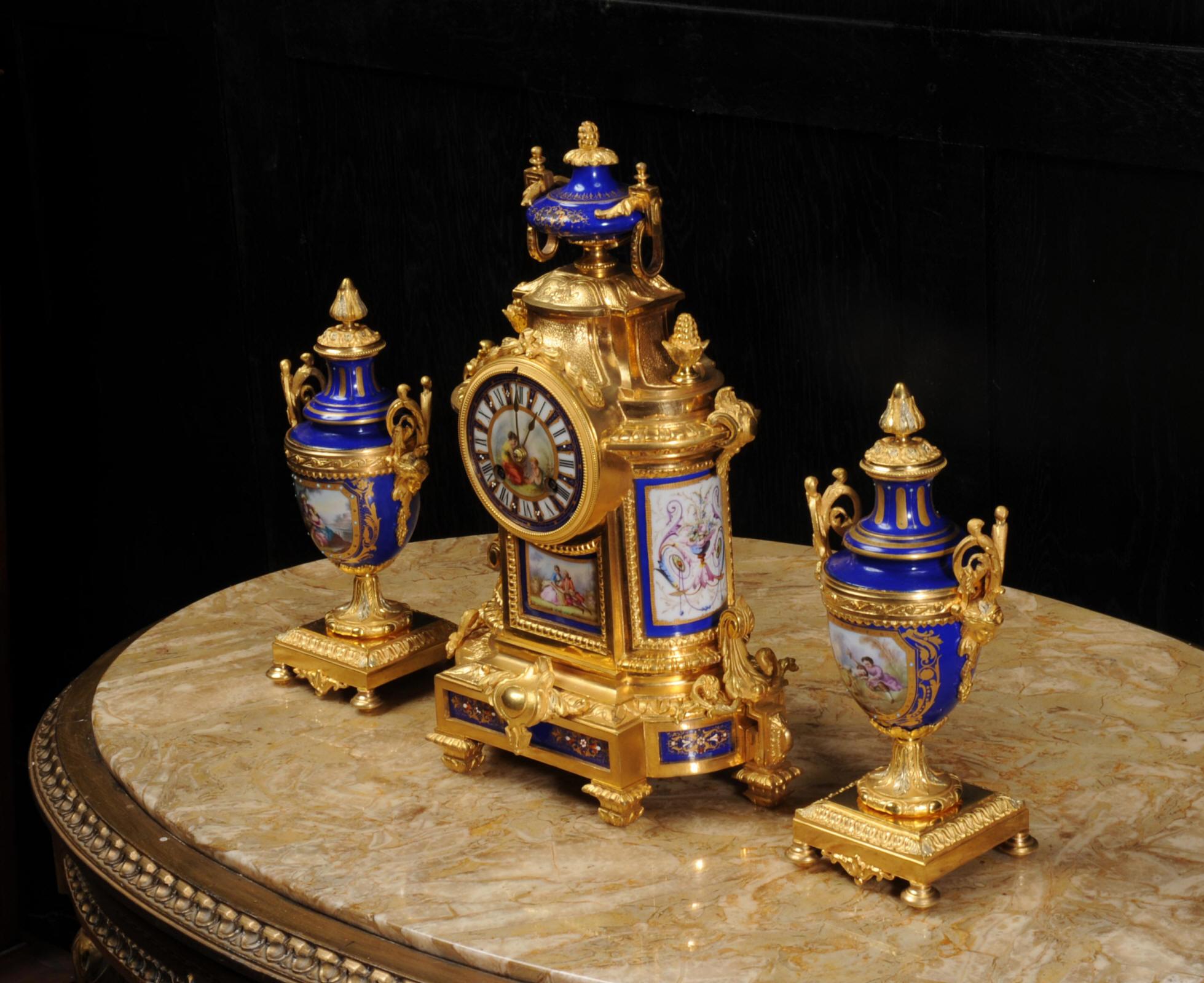 Japy Freres Ormolu and Sevres Style Porcelain Antique French Clock Set 3