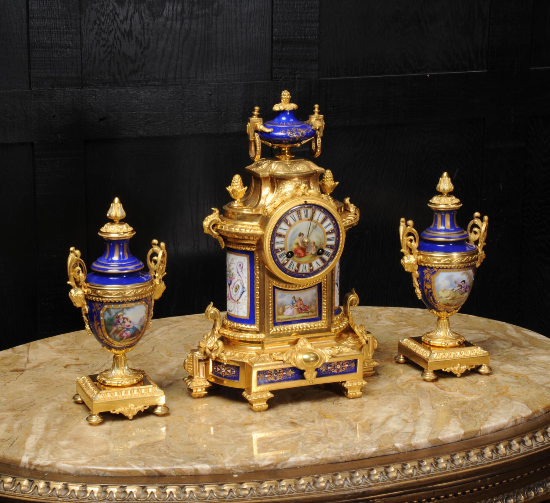 Japy Freres Ormolu and Sevres Style Porcelain Antique French Clock Set 4