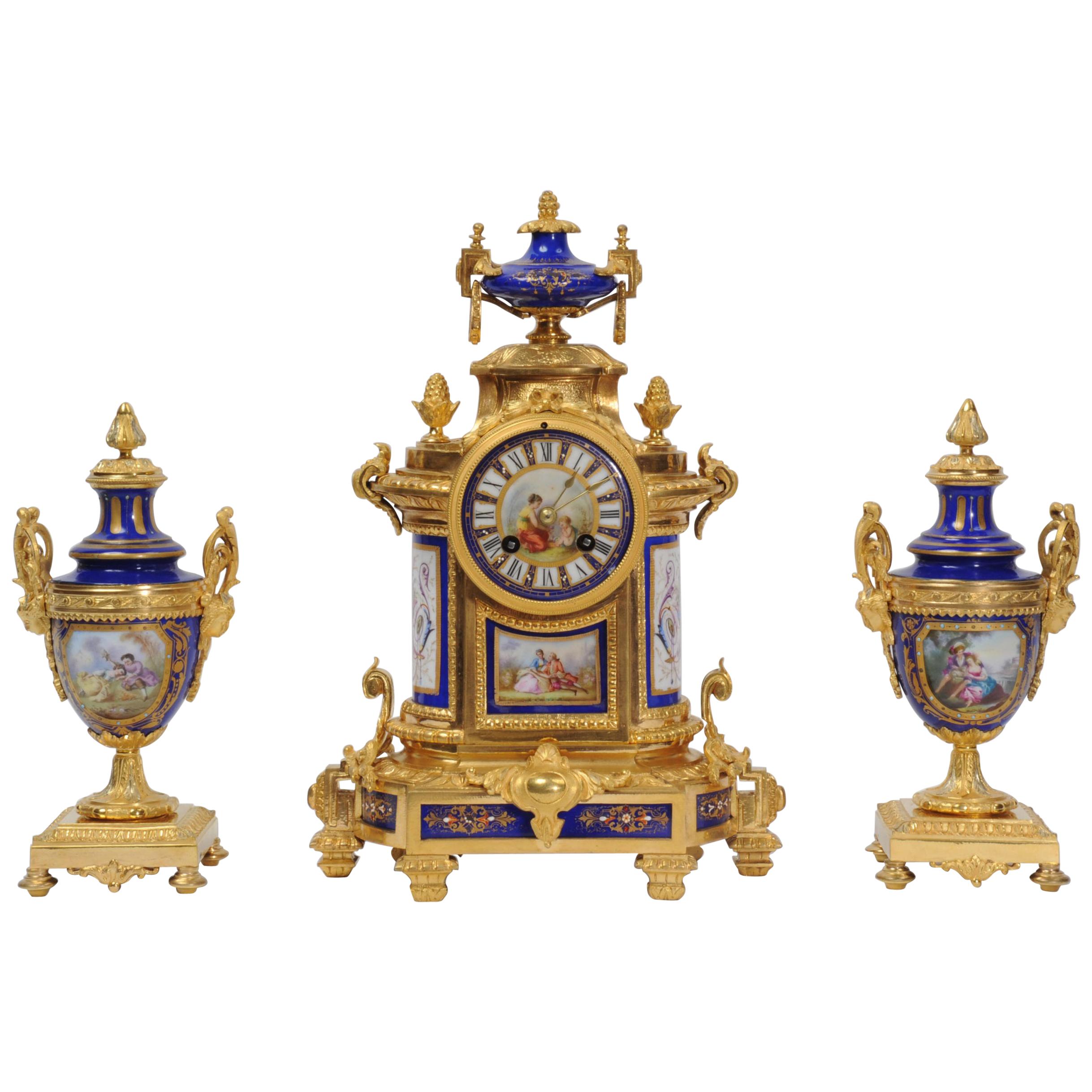 Japy Freres Ormolu and Sevres Style Porcelain Antique French Clock Set
