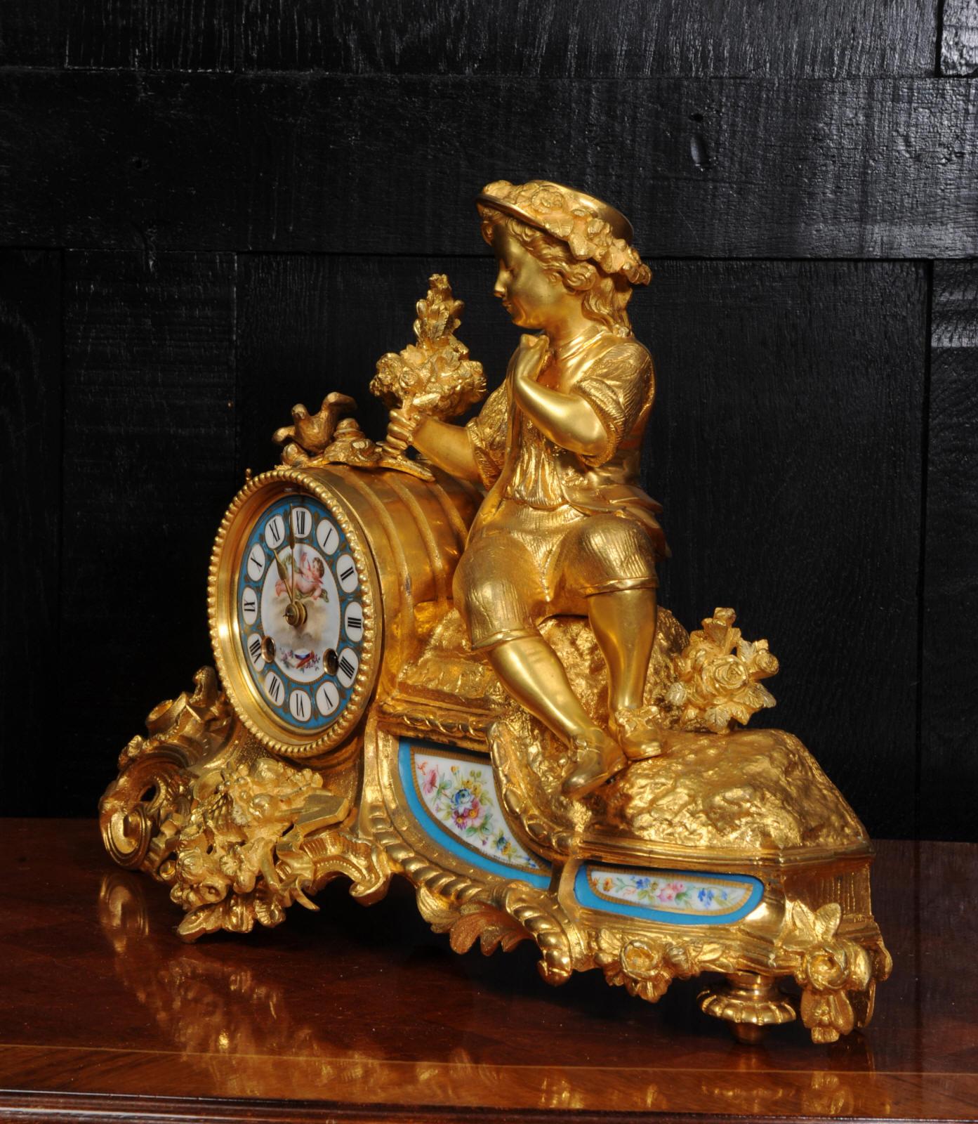 Japy Freres Ormolu and Sevres Porcelain Clock, the Gardener, Antique French 1860 7