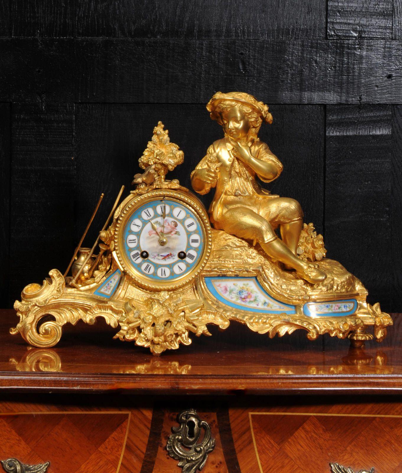 Japy Freres Ormolu and Sevres Porcelain Clock, the Gardener, Antique French 1860 8