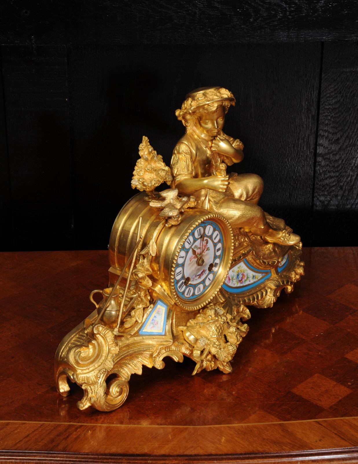 Baroque Japy Freres Ormolu and Sevres Porcelain Clock, the Gardener, Antique French 1860
