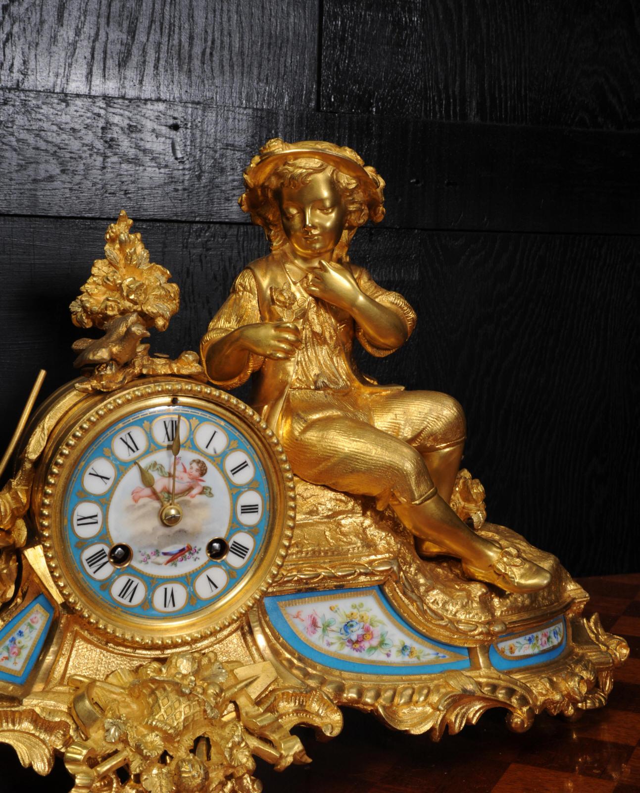 Japy Freres Ormolu and Sevres Porcelain Clock, the Gardener, Antique French 1860 1