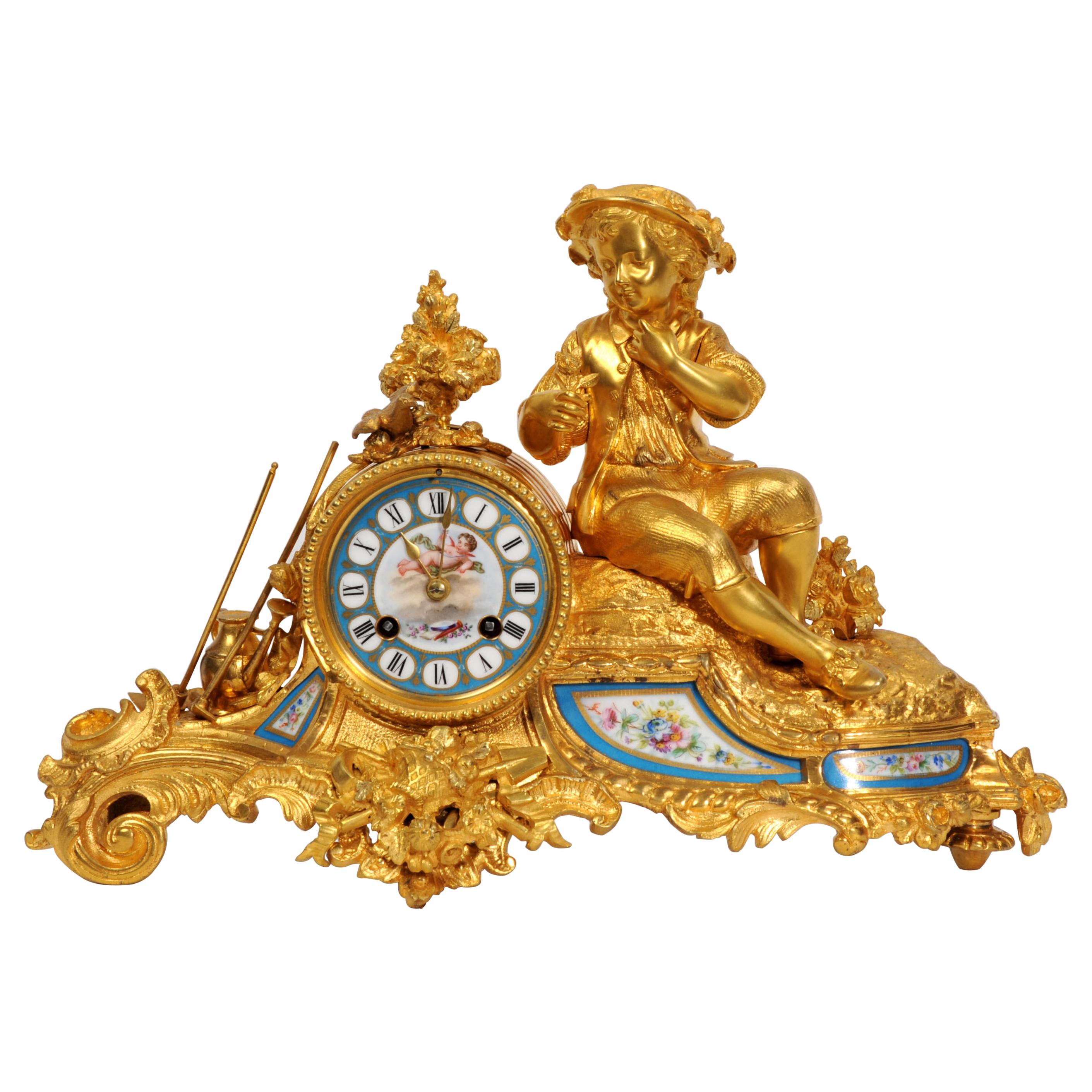 Japy Freres Ormolu and Sevres Porcelain Clock, the Gardener, Antique French 1860