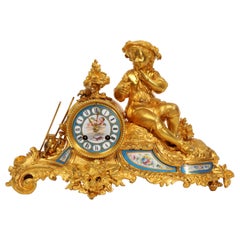 Japy Freres Ormolu and Sevres Porcelain Clock, the Gardener, Antique French 1860