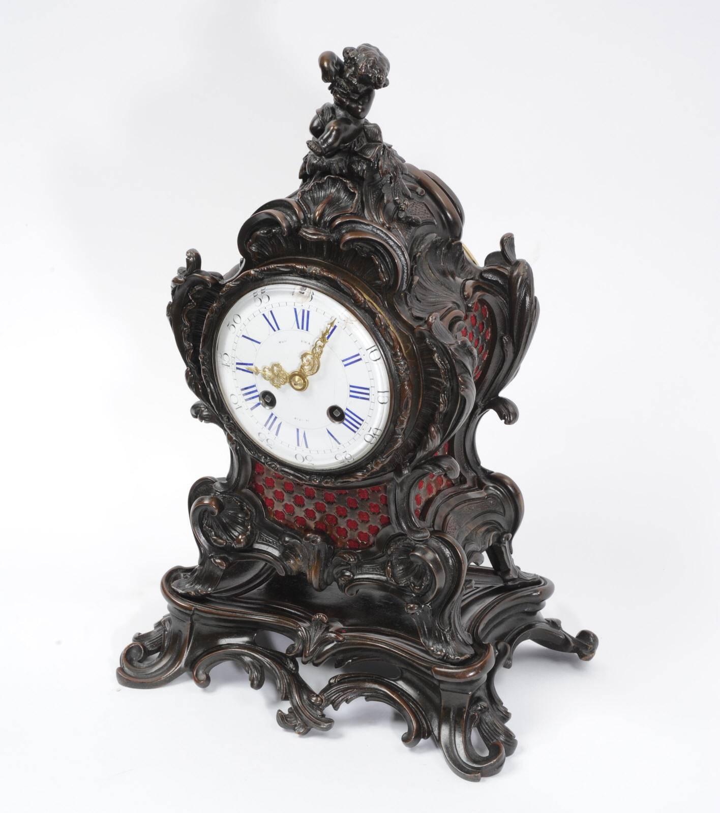 Français Horloge de table rocococo Japy Frères en bronze, musique en vente