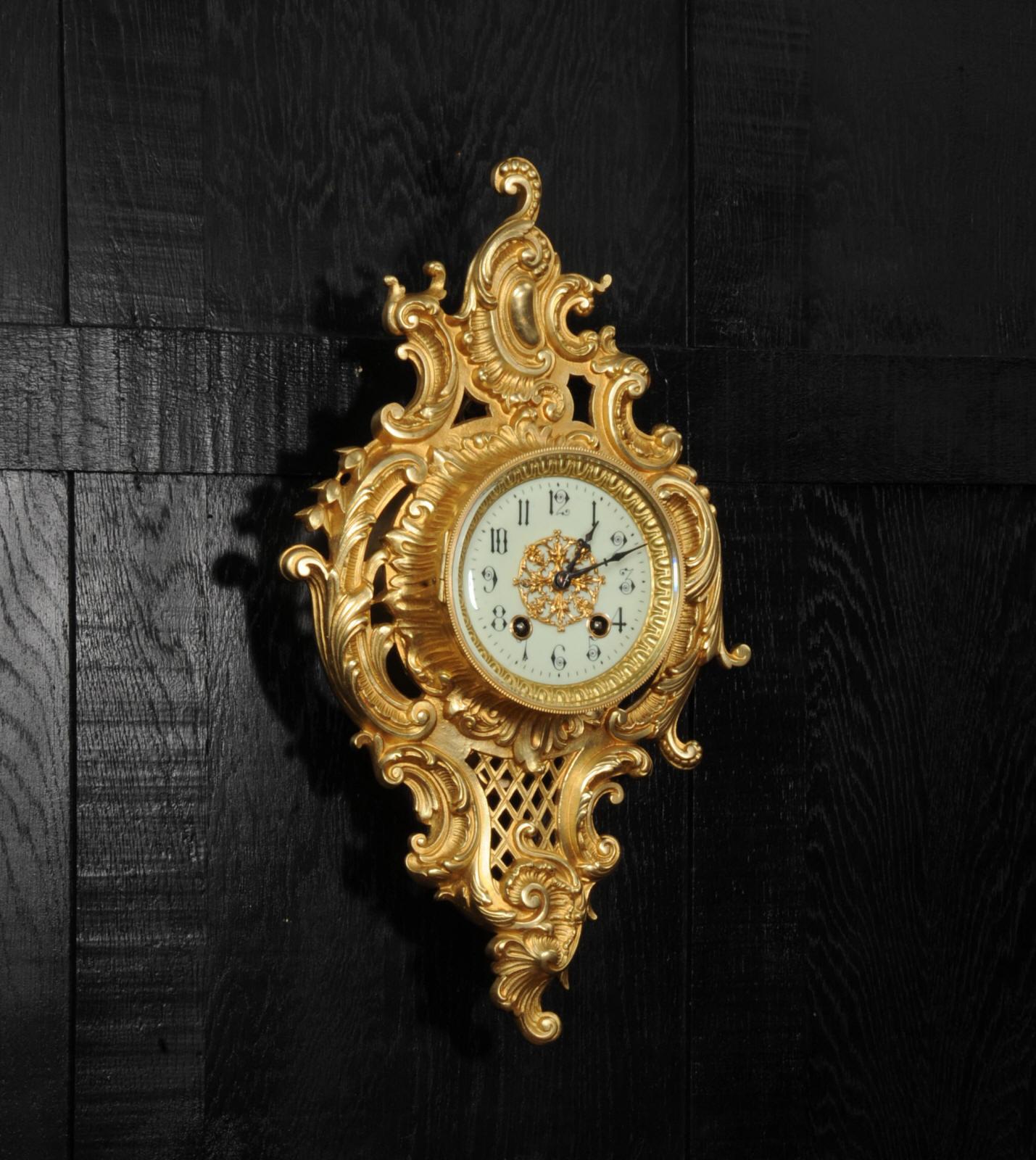 Japy Freres Rococo Gilt Bronze Cartel Antique French Wall Clock In Good Condition In Belper, Derbyshire