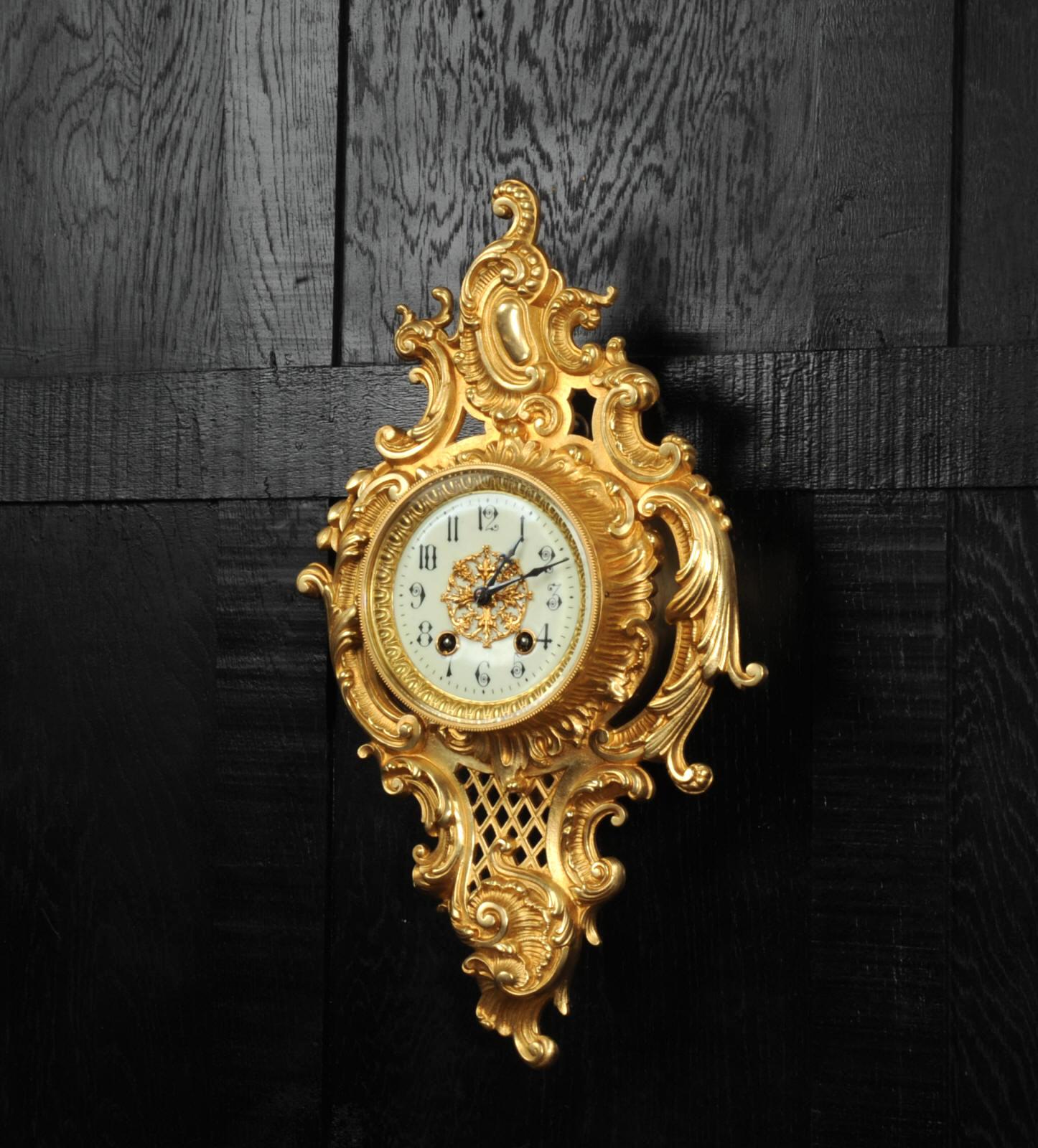 19th Century Japy Freres Rococo Gilt Bronze Cartel Antique French Wall Clock