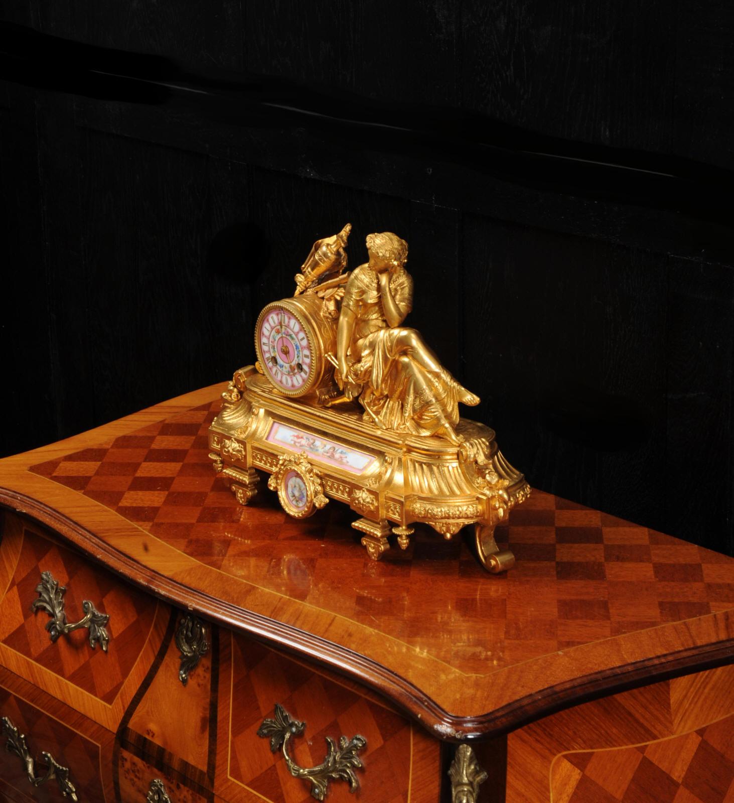 Japy Freres Sèvres Porcelain Gilt Metal Antique Clock, Euterpe Muse of the Arts In Good Condition In Belper, Derbyshire