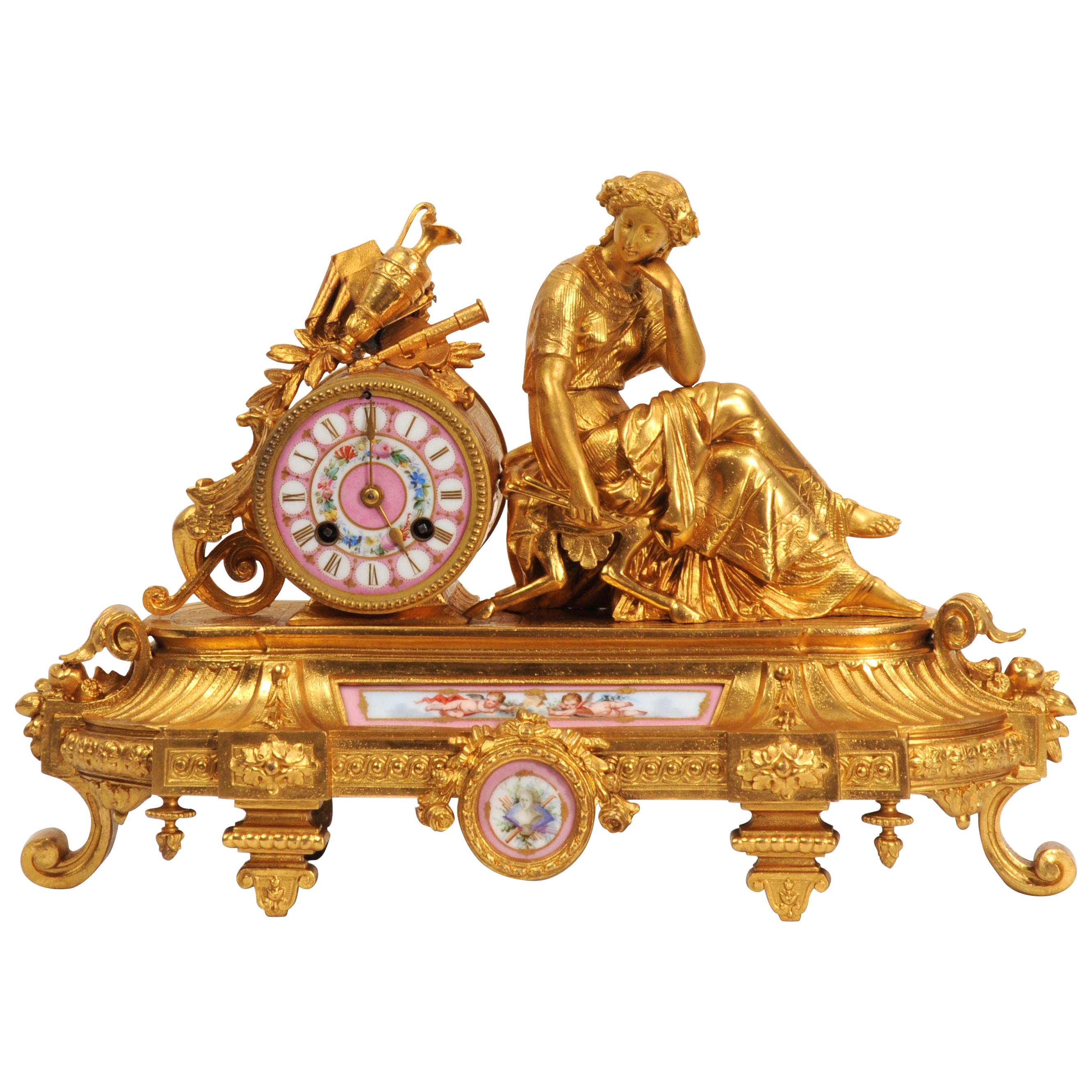 Japy Freres Sèvres Porcelain Gilt Metal Antique Clock, Euterpe Muse of the Arts