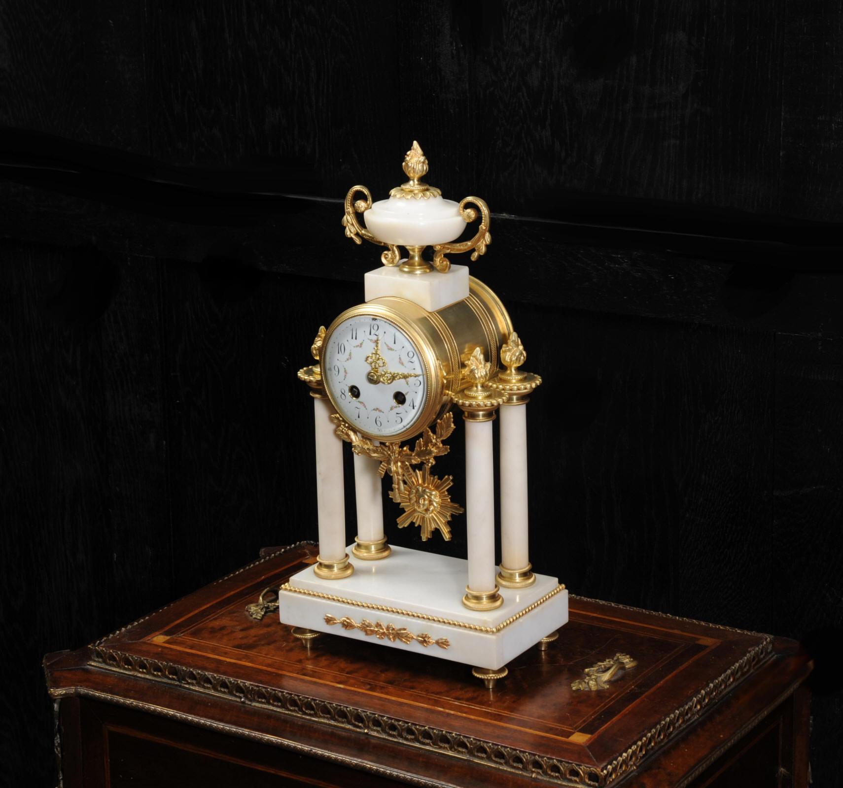 Louis XVI Japy Freres White Marble and Ormolu Antique French Portico Clock