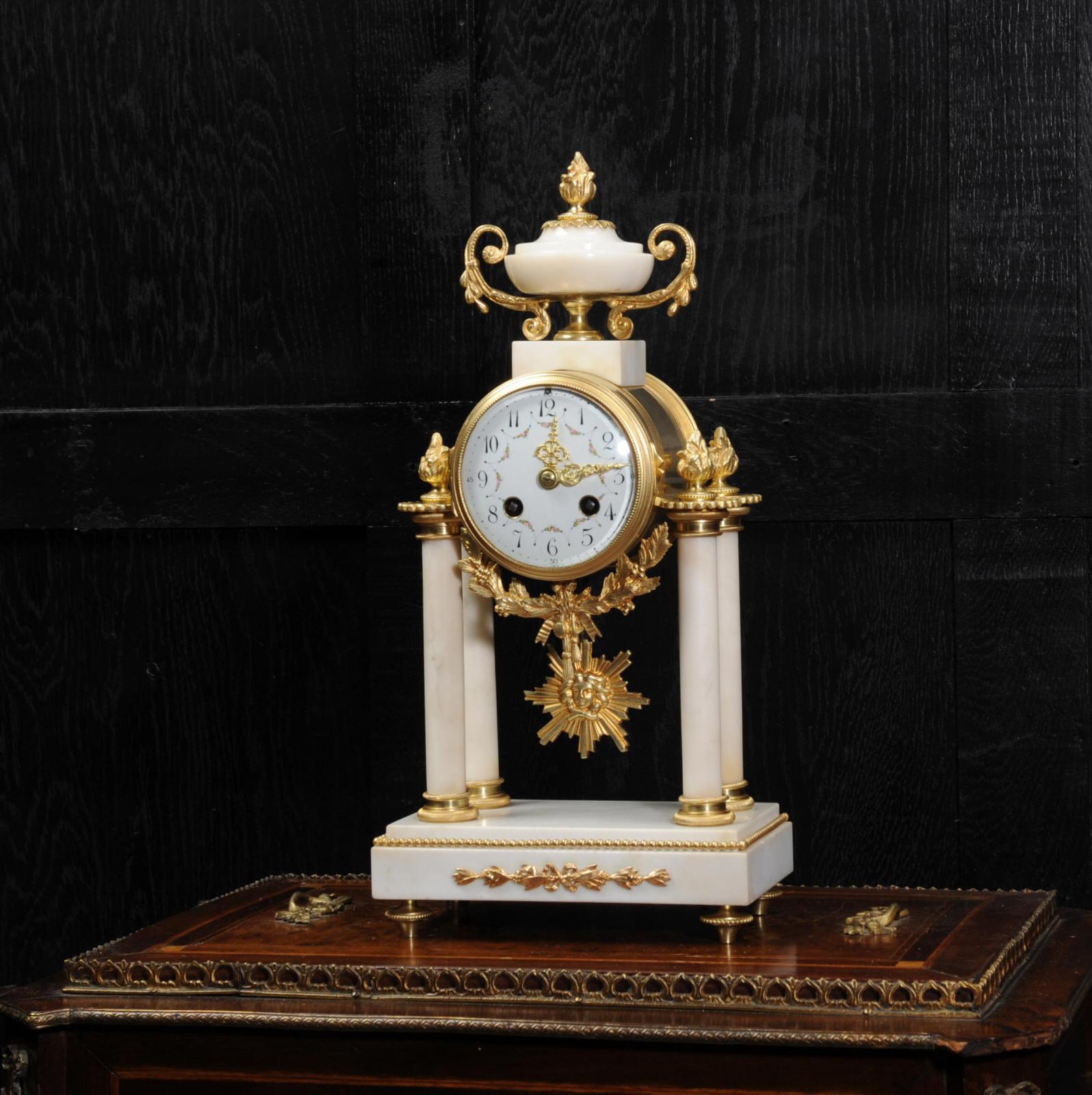 19th Century Japy Freres White Marble and Ormolu Antique French Portico Clock