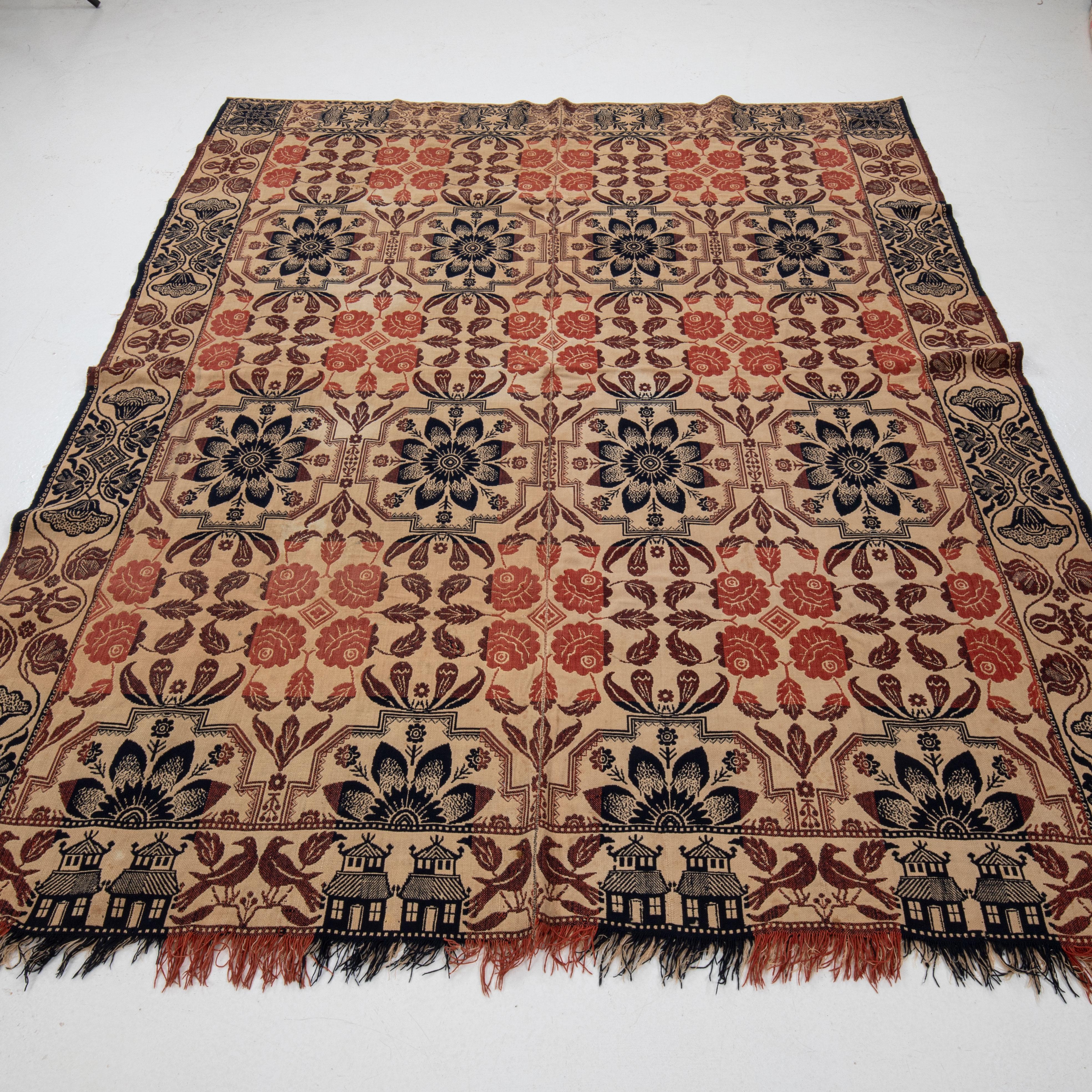 19th Century Jaquard Woven American Coverlet 19th C. For Sale