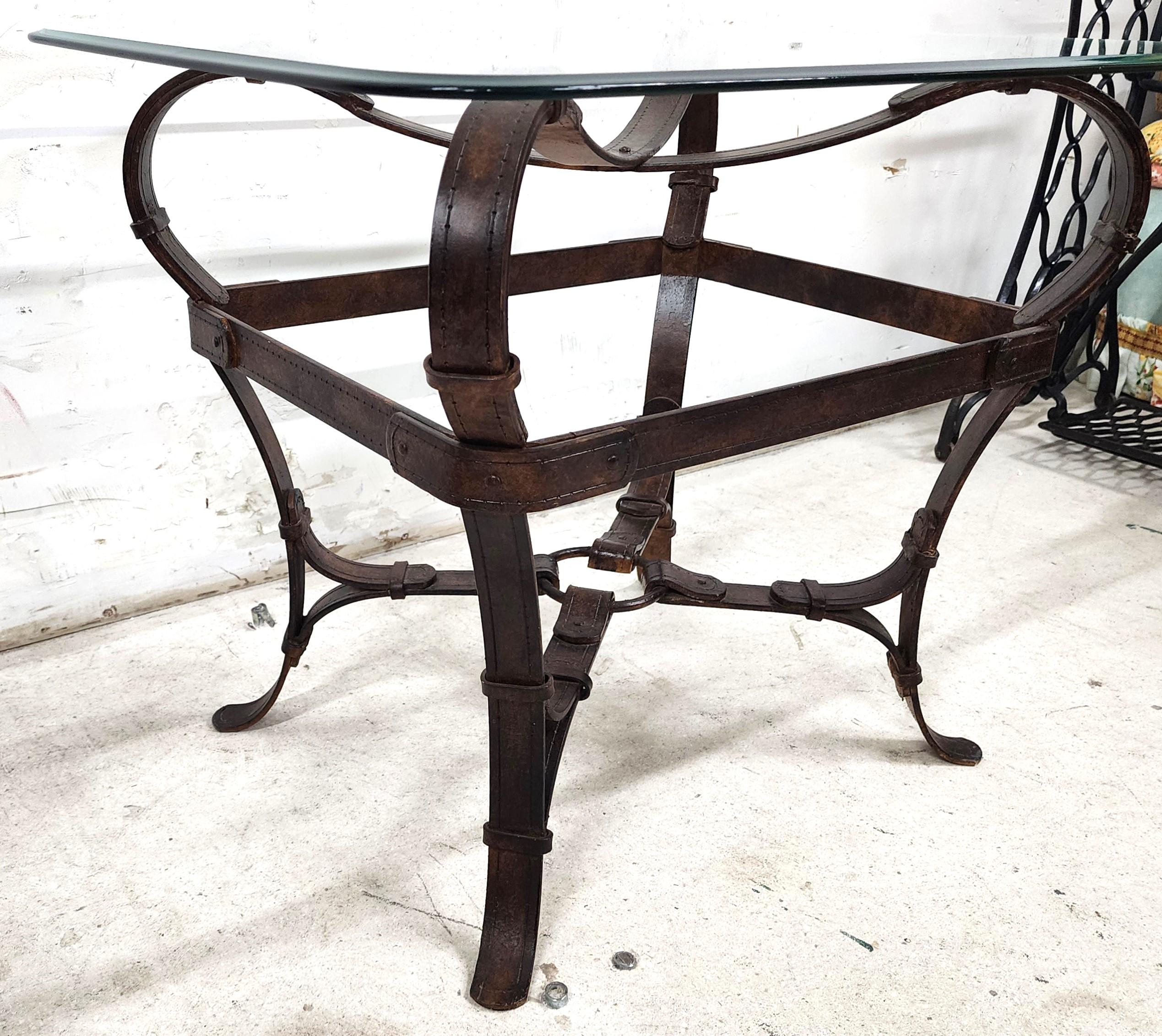 Jaques Adnet Hermes Style Side Table Trompe l'Oeil Leather Straps For Sale 4