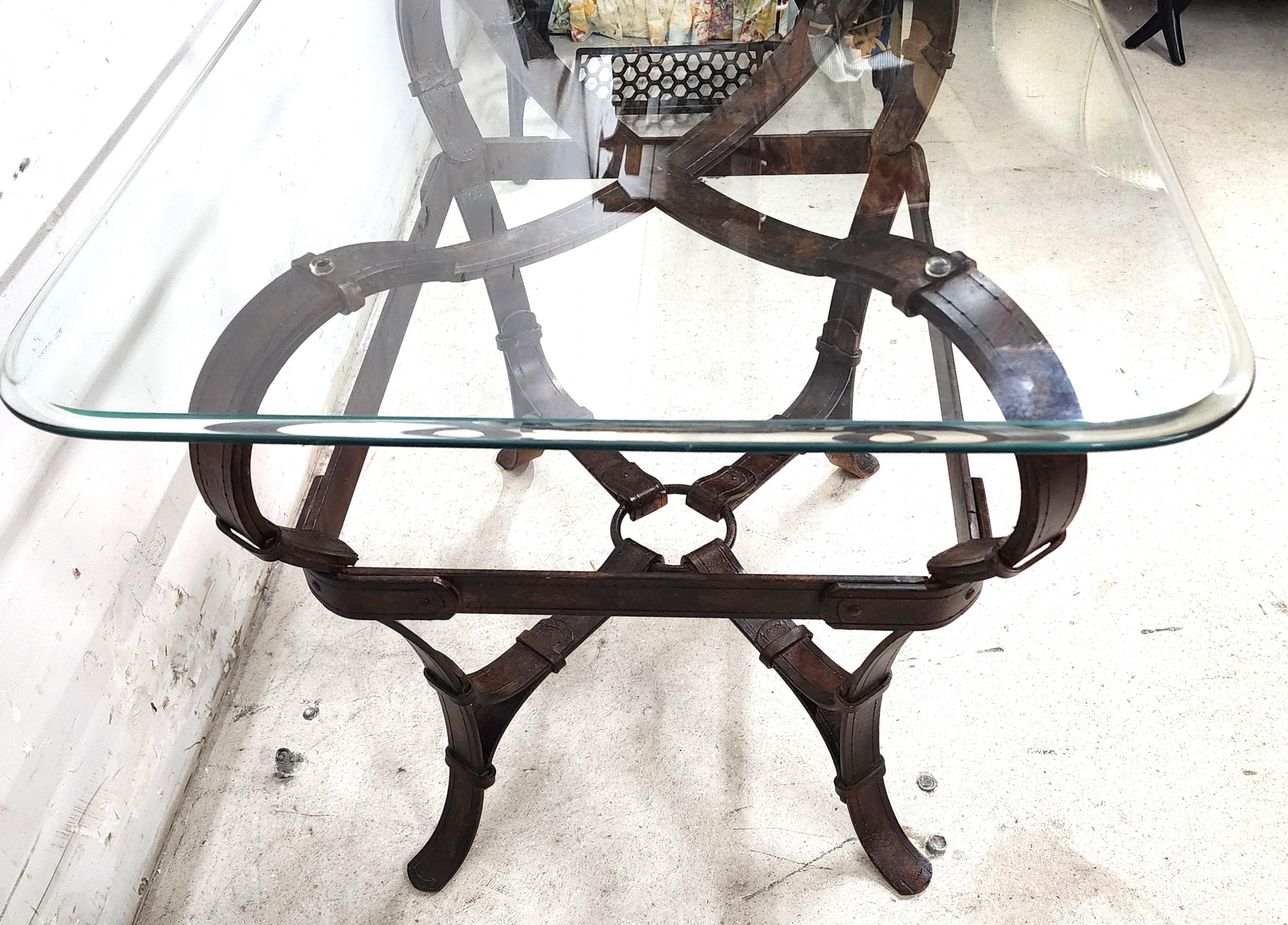 Jaques Adnet Hermes Style Side Table Trompe l'Oeil Leather Straps For Sale 5