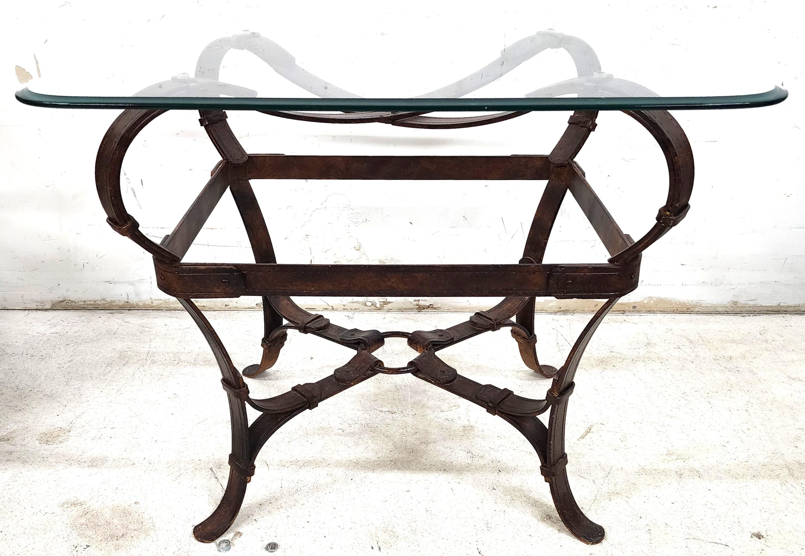 Rustic Jaques Adnet Hermes Style Side Table Trompe l'Oeil Leather Straps For Sale