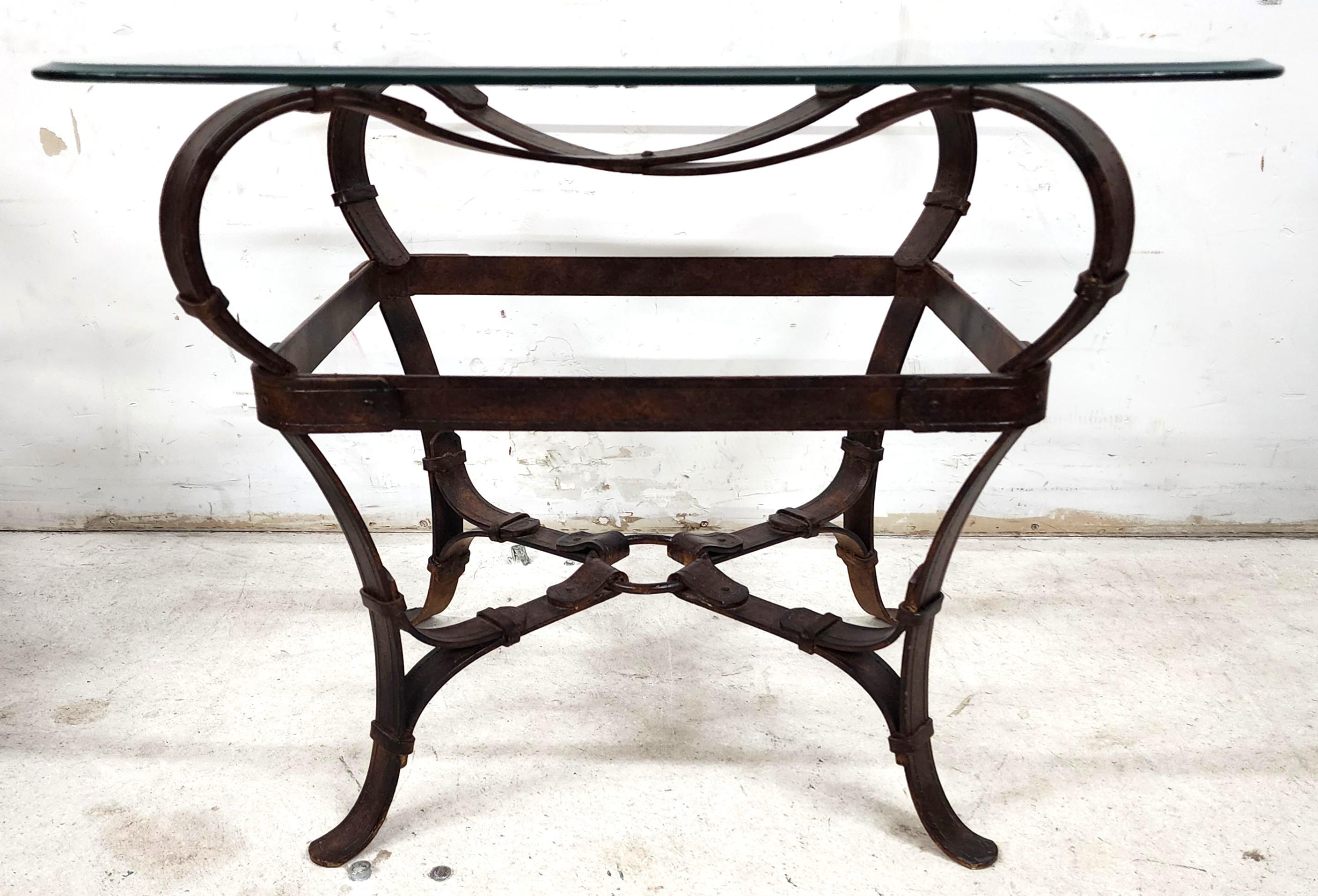 Jaques Adnet Hermes Style Side Table Trompe l'Oeil Leather Straps In Good Condition For Sale In Lake Worth, FL