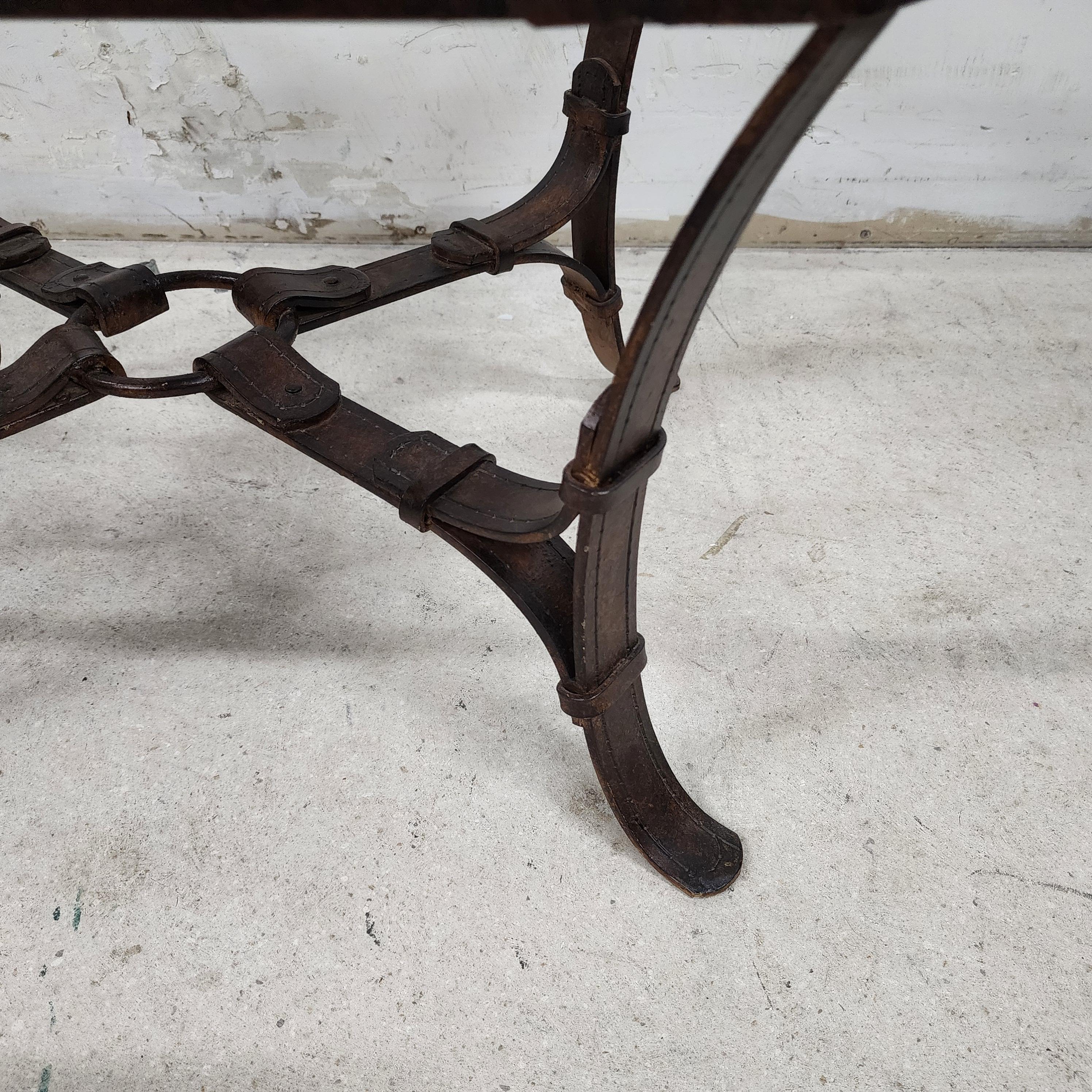 Glass Jaques Adnet Hermes Style Side Table Trompe l'Oeil Leather Straps For Sale