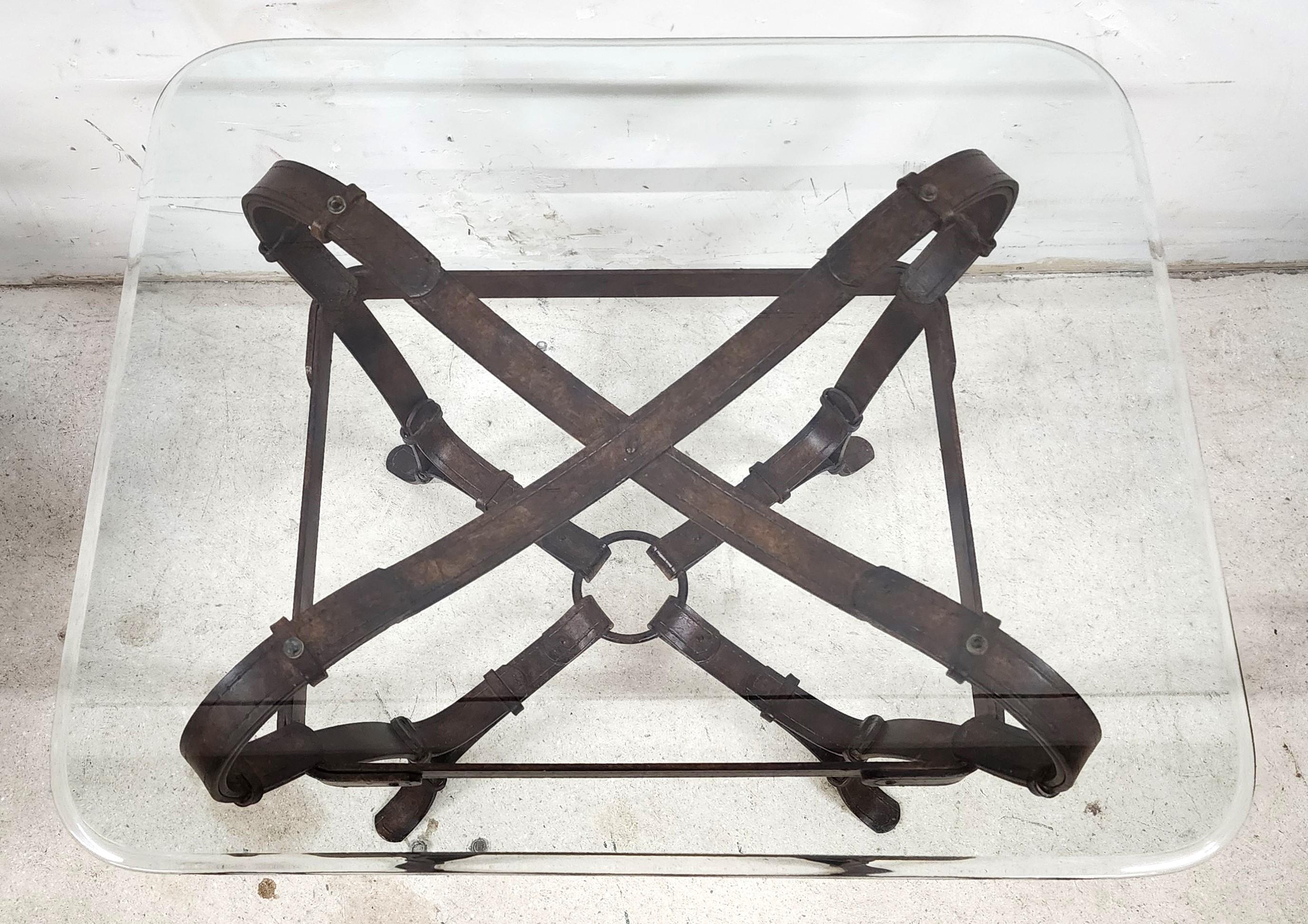 Jaques Adnet Hermes Style Side Table Trompe l'Oeil Leather Straps For Sale 2