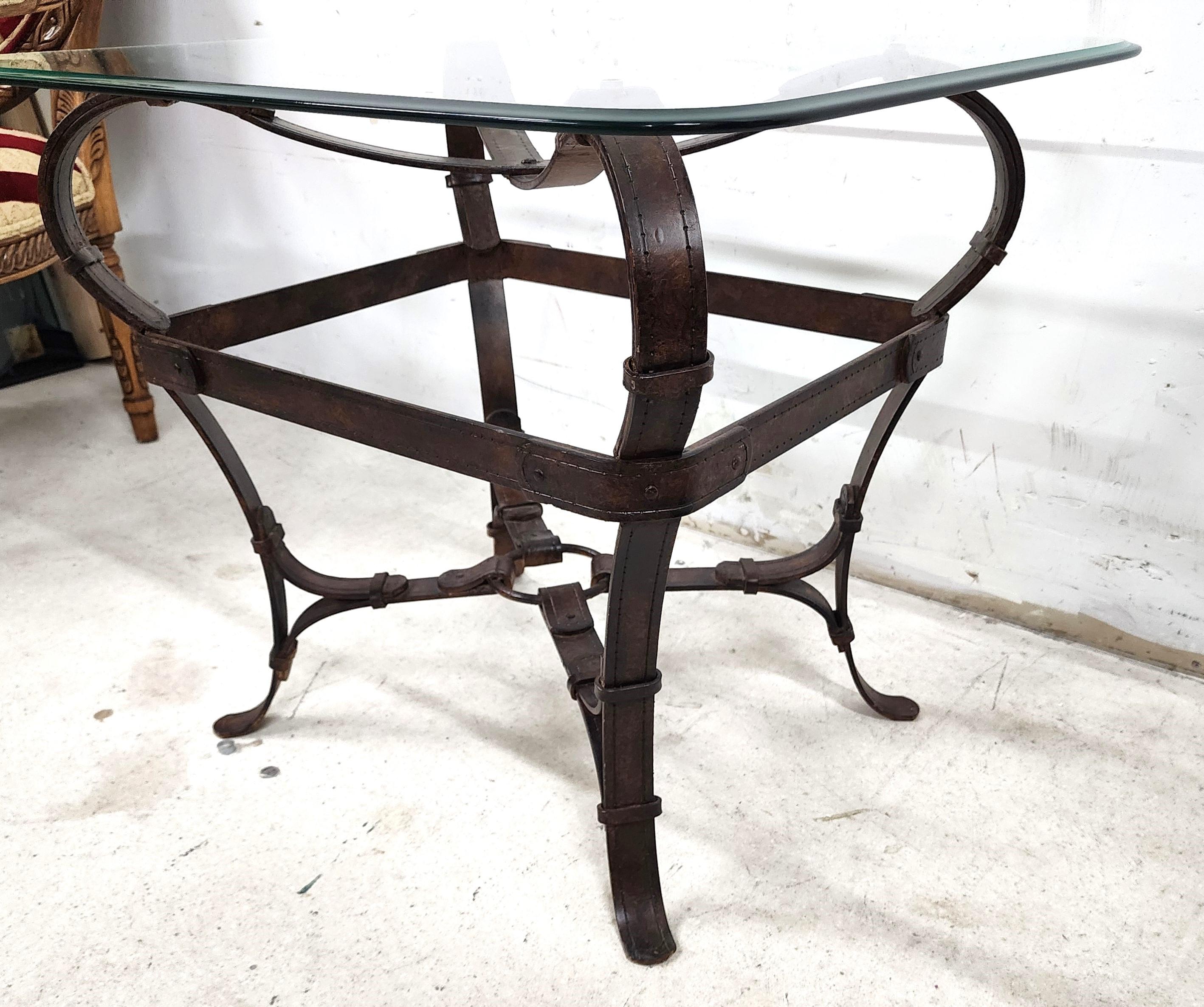 Jaques Adnet Hermes Style Side Table Trompe l'Oeil Leather Straps For Sale 3