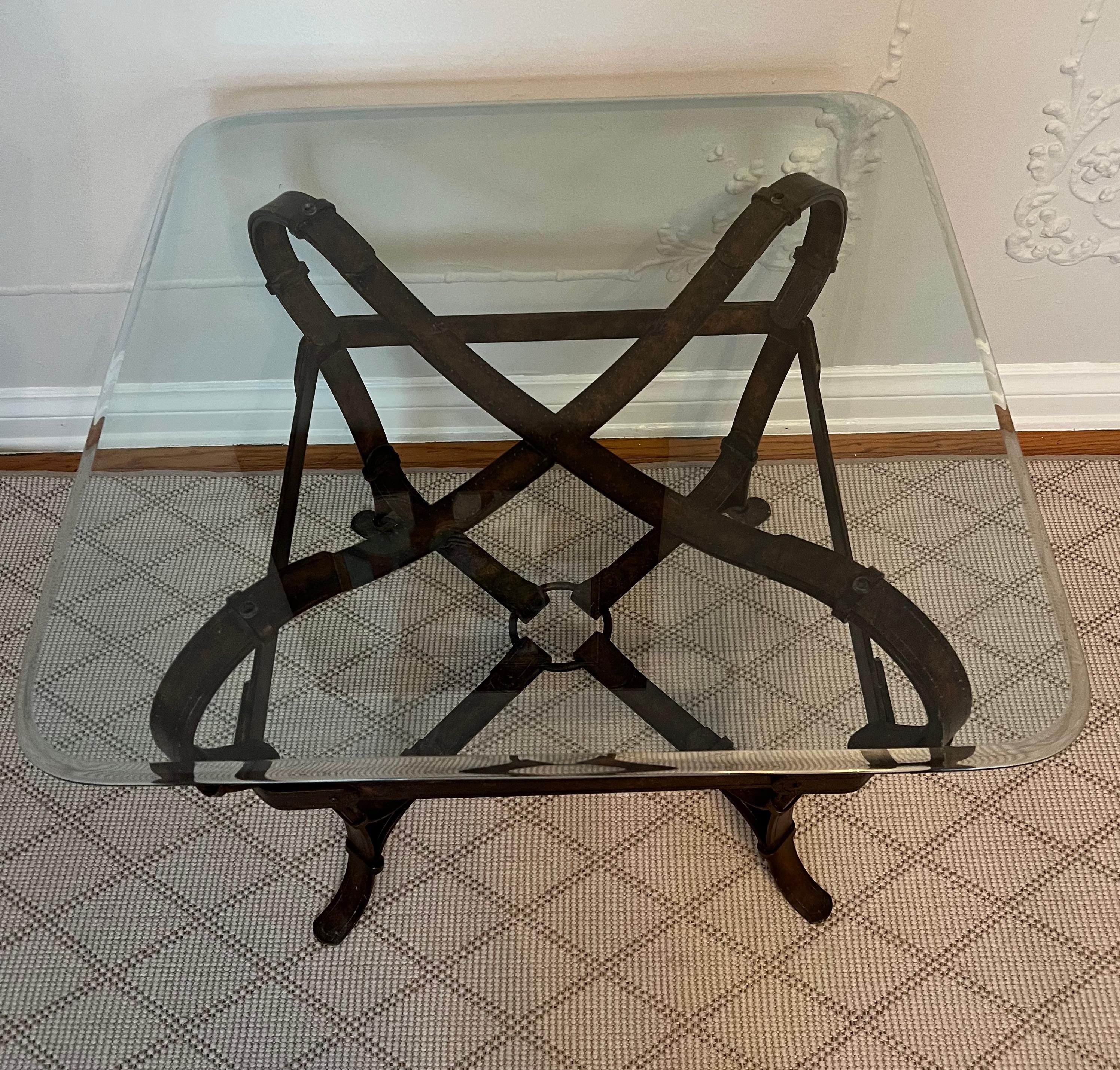 Jaques Adnet or Hermes Style Side Table of Trompe L'oeil Leather Straps of Metal In Good Condition For Sale In Los Angeles, CA