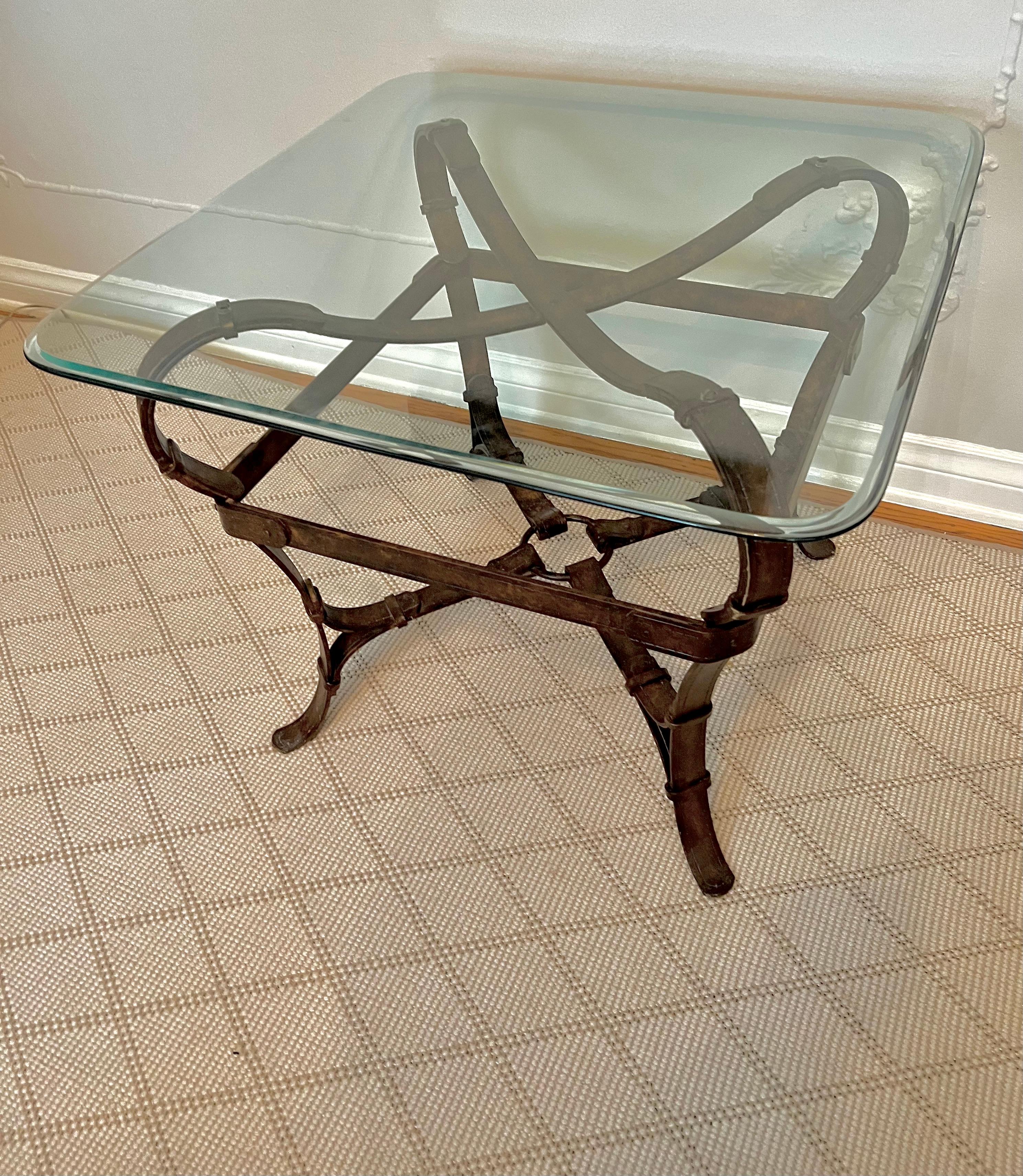 20th Century Jaques Adnet or Hermes Style Side Table of Trompe L'oeil Leather Straps of Metal For Sale