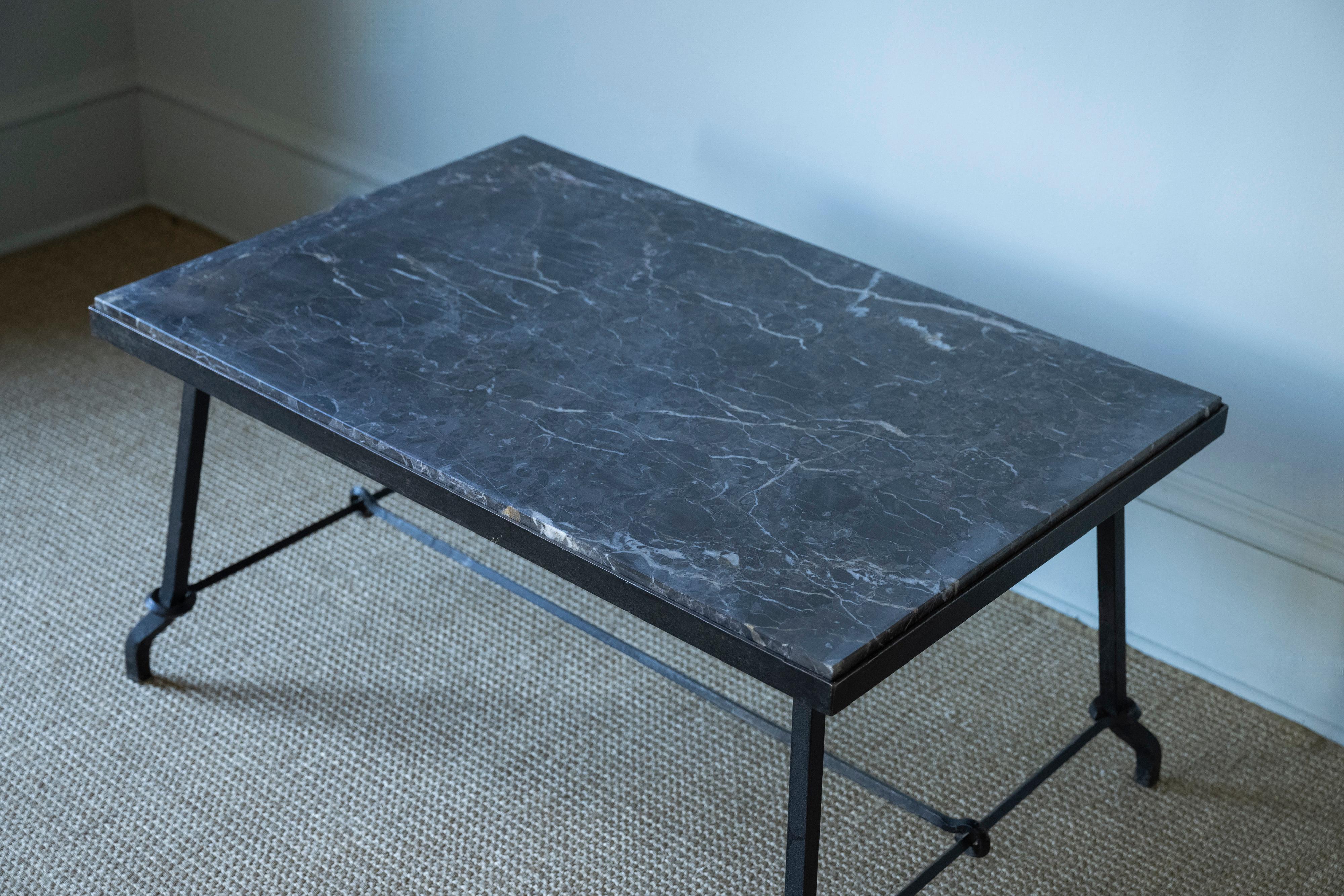French Jaques Adnet Steel Coffee Table with Marble Top For Sale