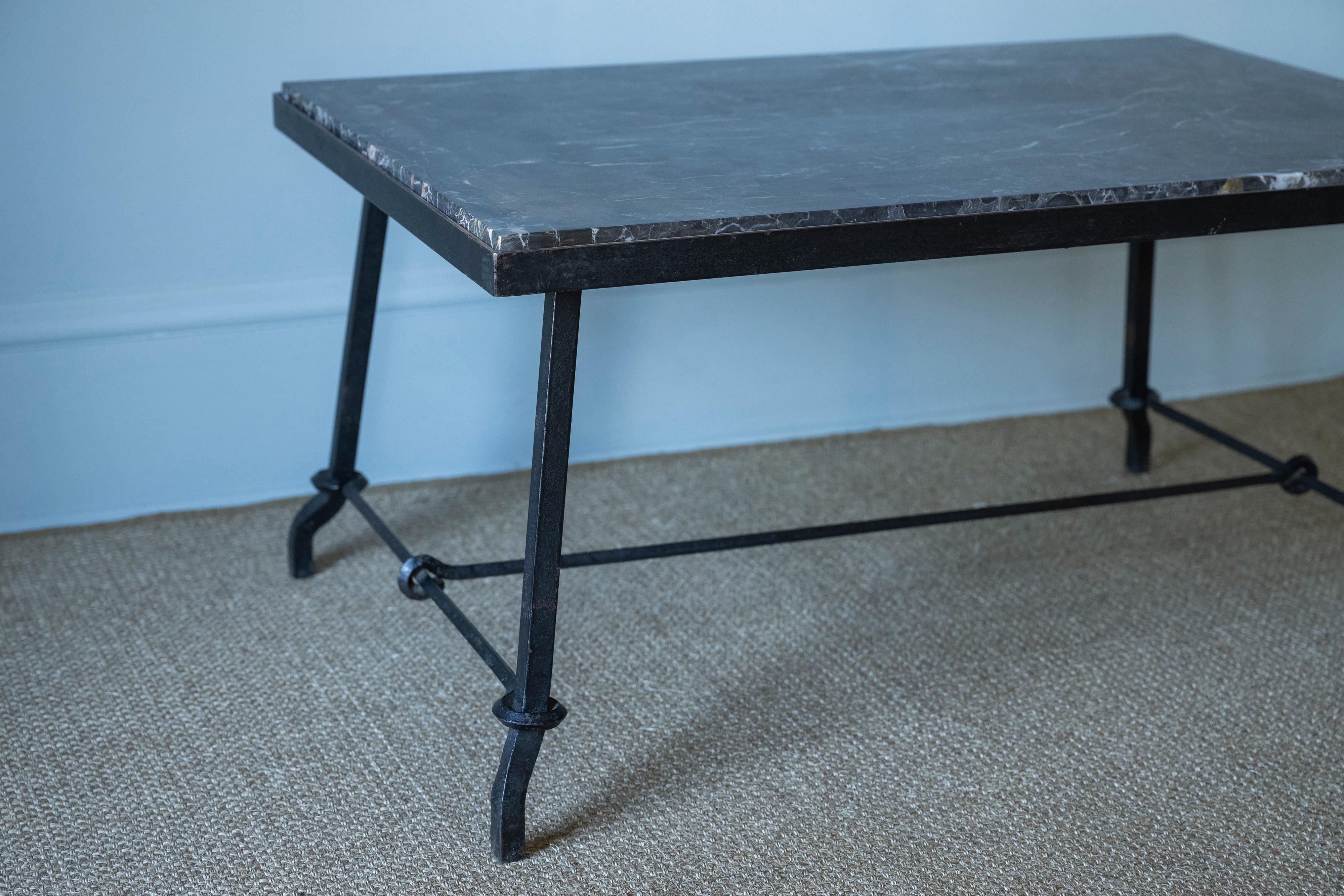 20th Century Jaques Adnet Steel Coffee Table with Marble Top For Sale