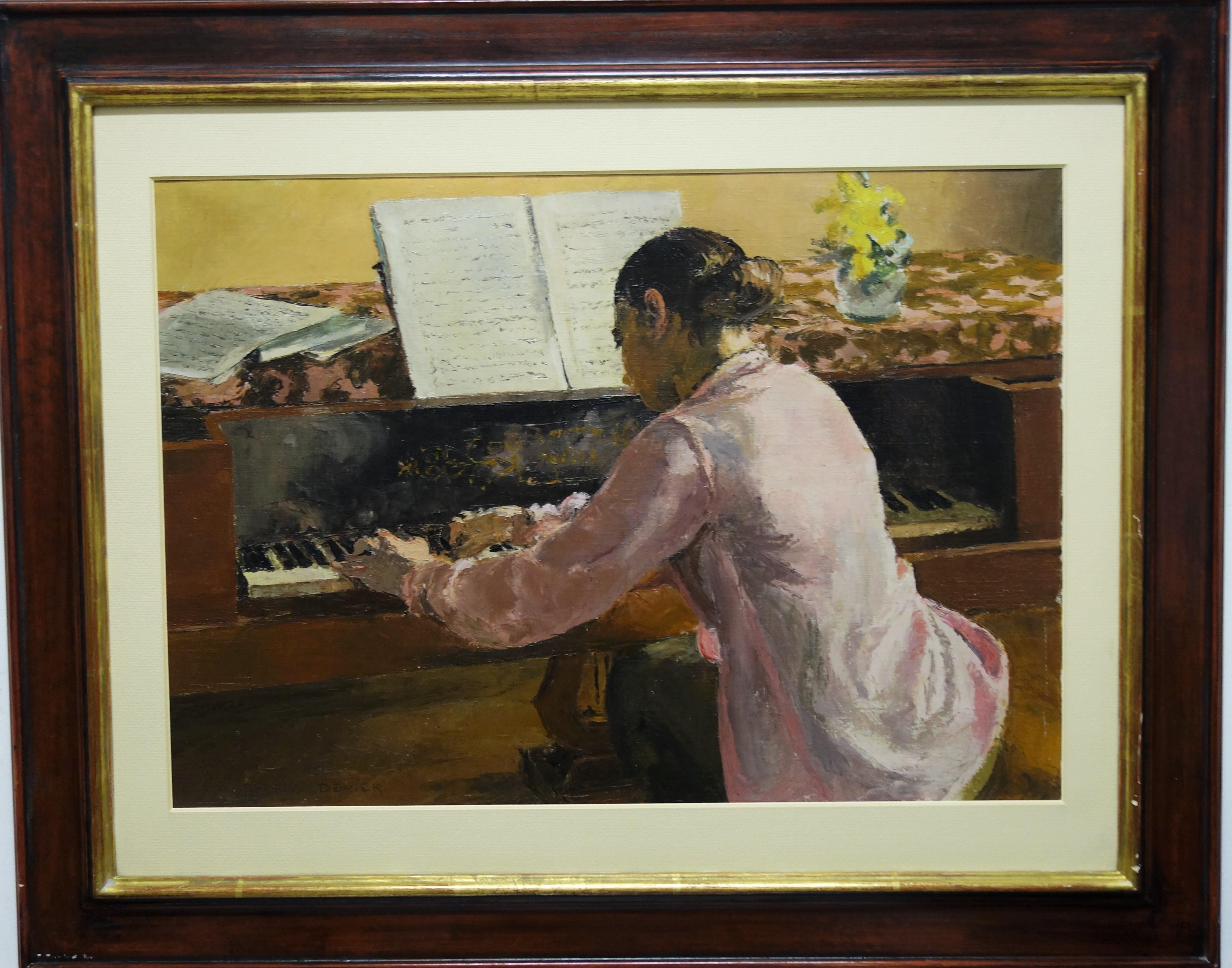 Jaques Denier Interior Painting - "Jeune fille au piano" Girl, Piano, Music, Pianist , 1930, 