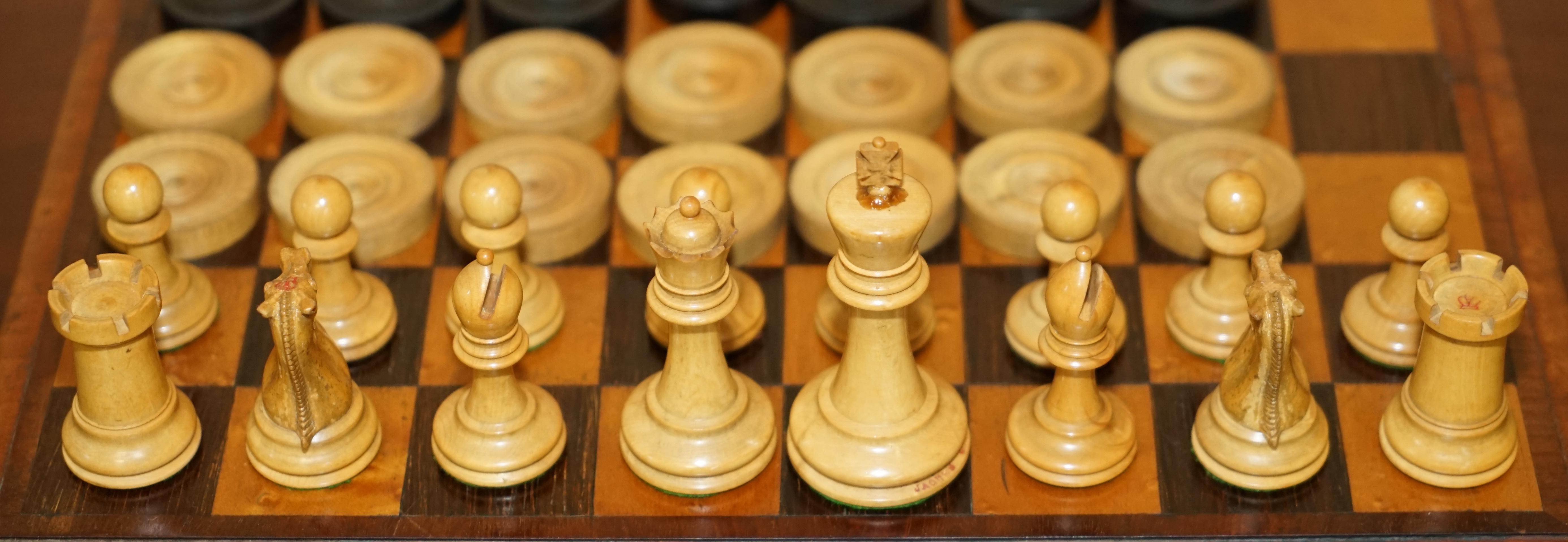Late Victorian Jaques London Victorian Burr Walnut Chessboard Staunton Chess Backgammon Pieces