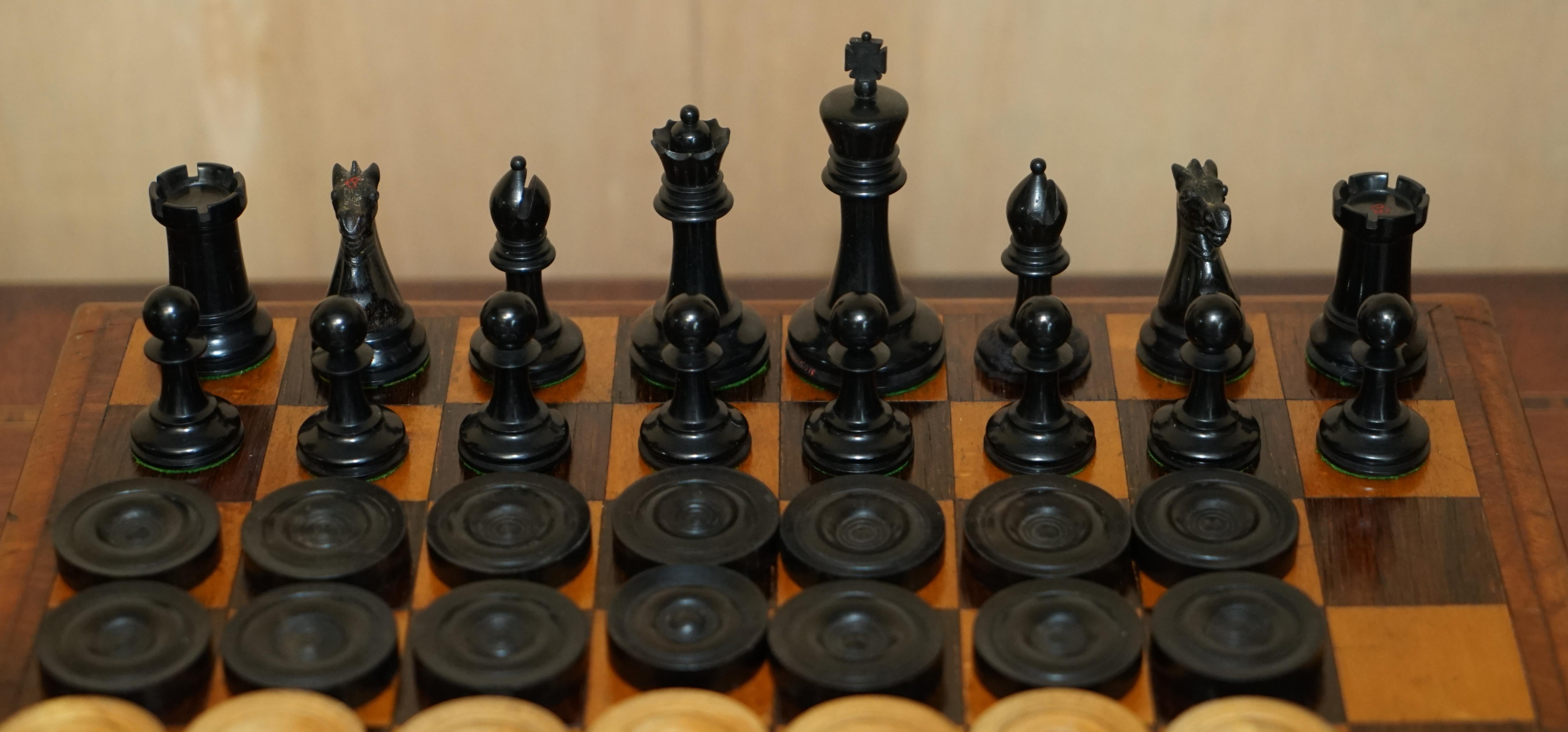 English Jaques London Victorian Burr Walnut Chessboard Staunton Chess Backgammon Pieces