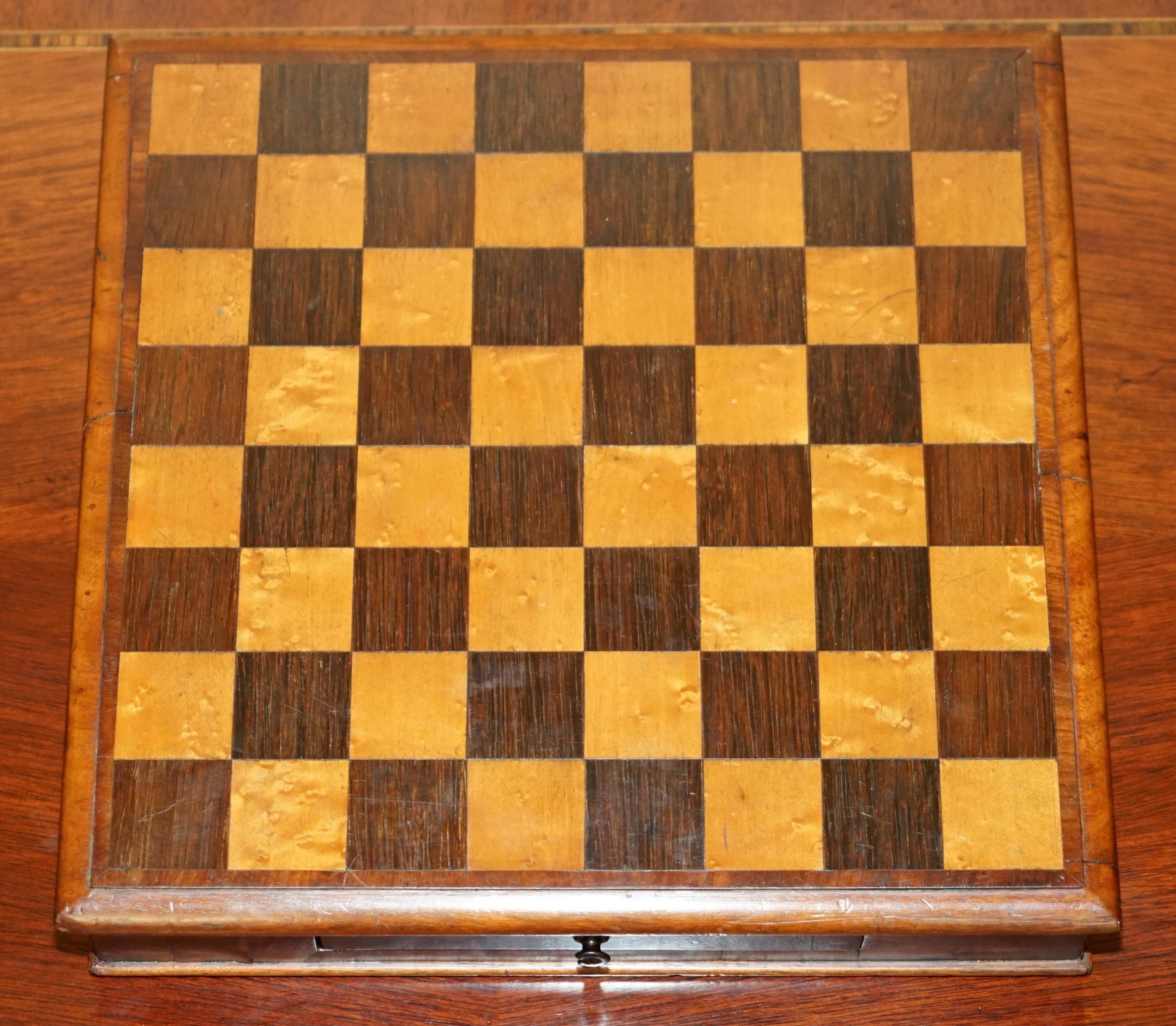 19th Century Jaques London Victorian Burr Walnut Chessboard Staunton Chess Backgammon Pieces