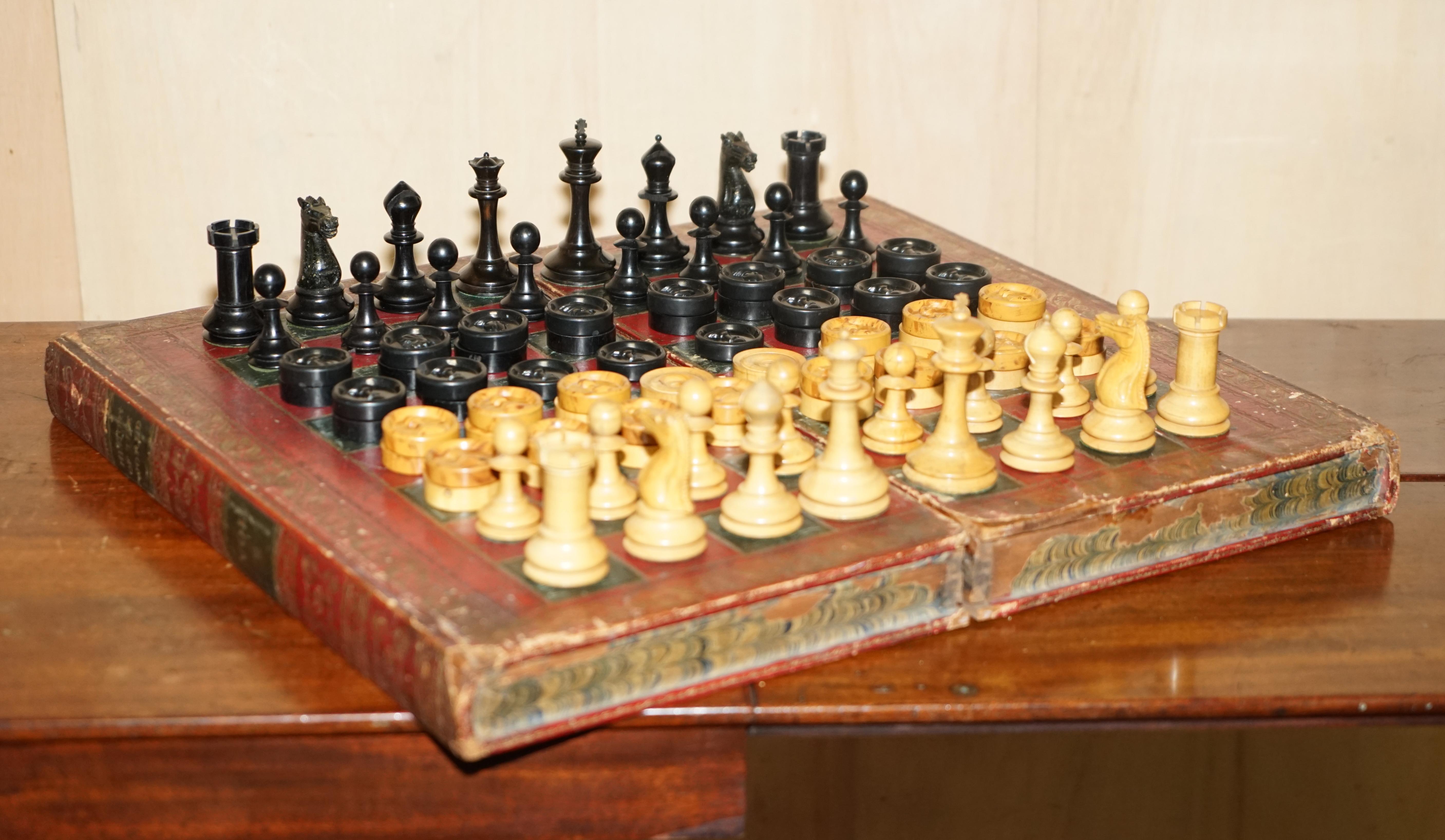 Late 19th Century Jaques London Victorian Faux Book Chessboard Staunton Pieces & Hardwood Clock For Sale