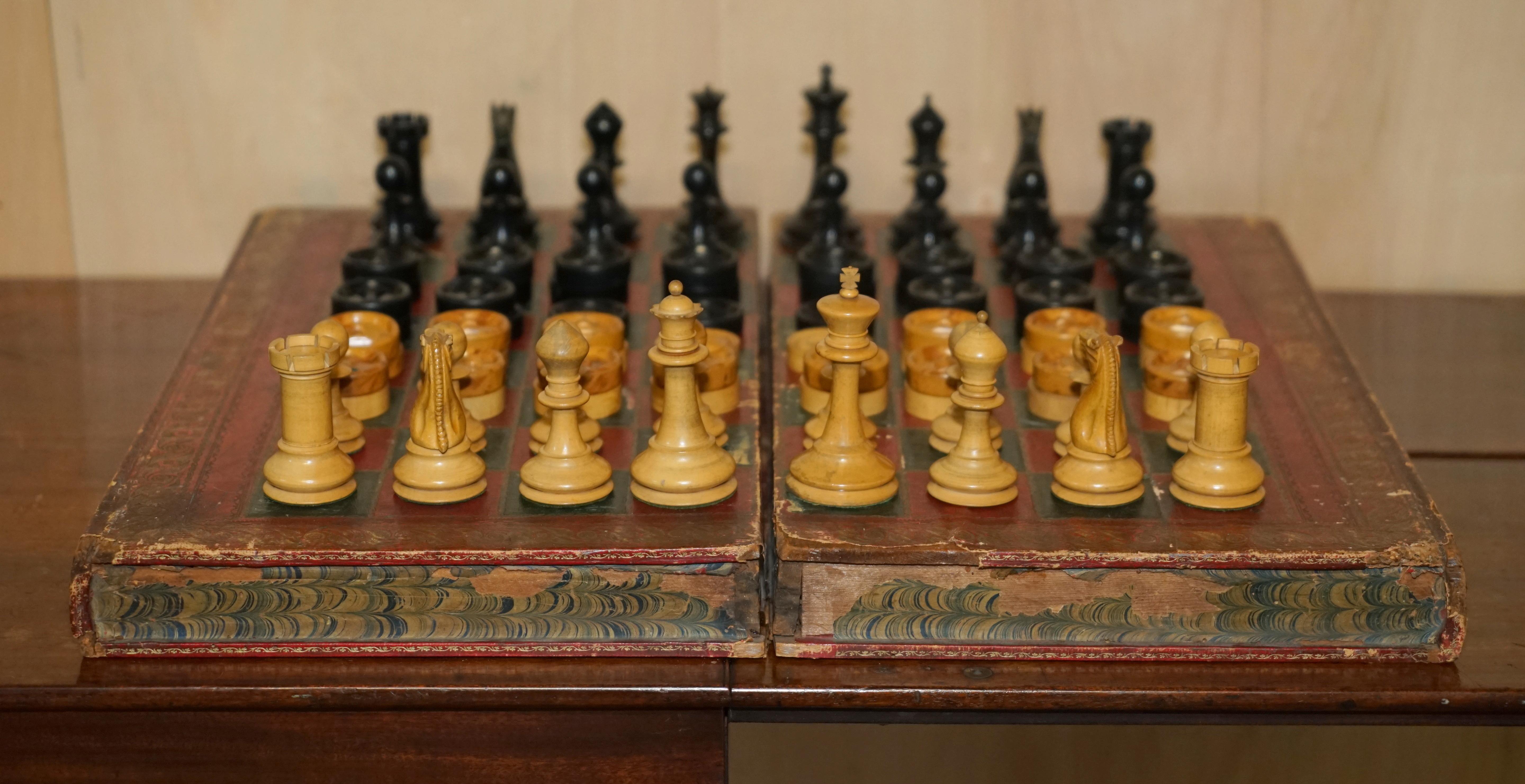 Leather Jaques London Victorian Faux Book Chessboard Staunton Pieces & Hardwood Clock For Sale
