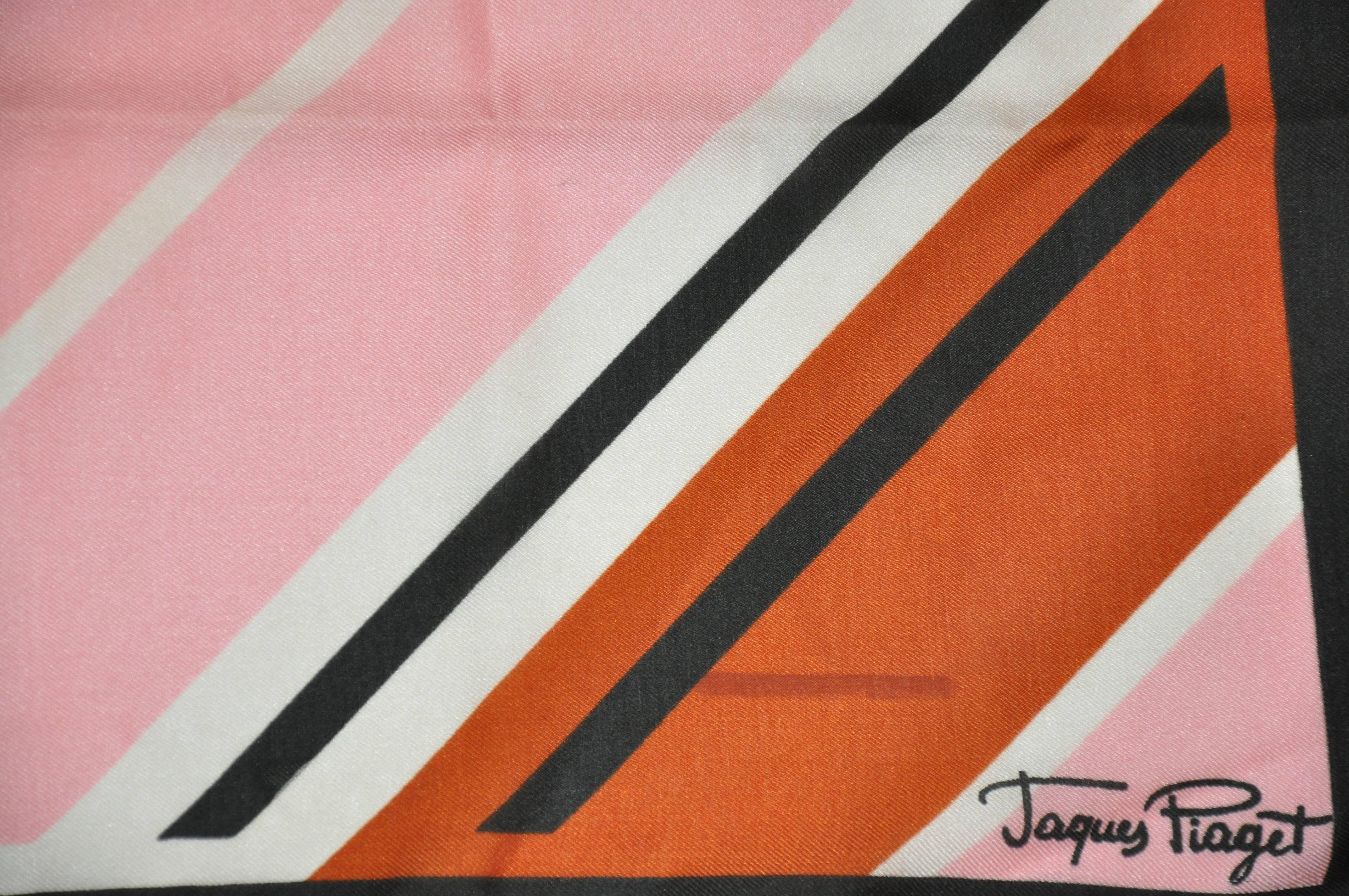        Jaques Piaget merveilleuse combinaison de multi-color multi-stripe entouré d'une bordure brune coco foulard mesure 26 1/2 pouces par 26 pouces. Fabriqué en Italie en acétate.