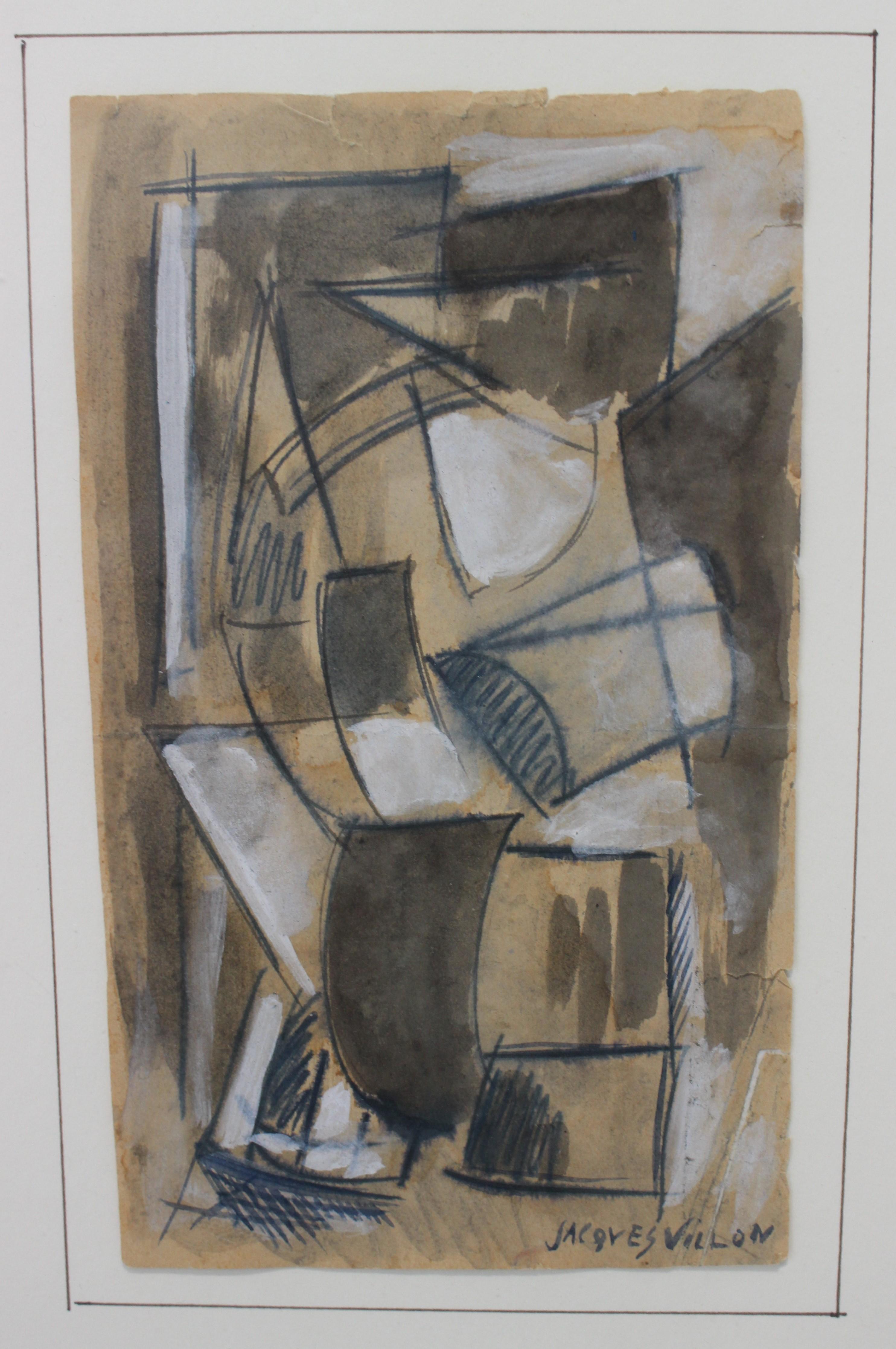 Jacques Villon cubist painting, multimedia watercolor gouache (Chinese white) sepia ink - from a Palm Beach collection.

Frame size: 14 3/4 wide x 17 3/4 high x 1 deep
Image size: 5 1/4 x 8 high

In May 2004, an oil painting by Villon dated